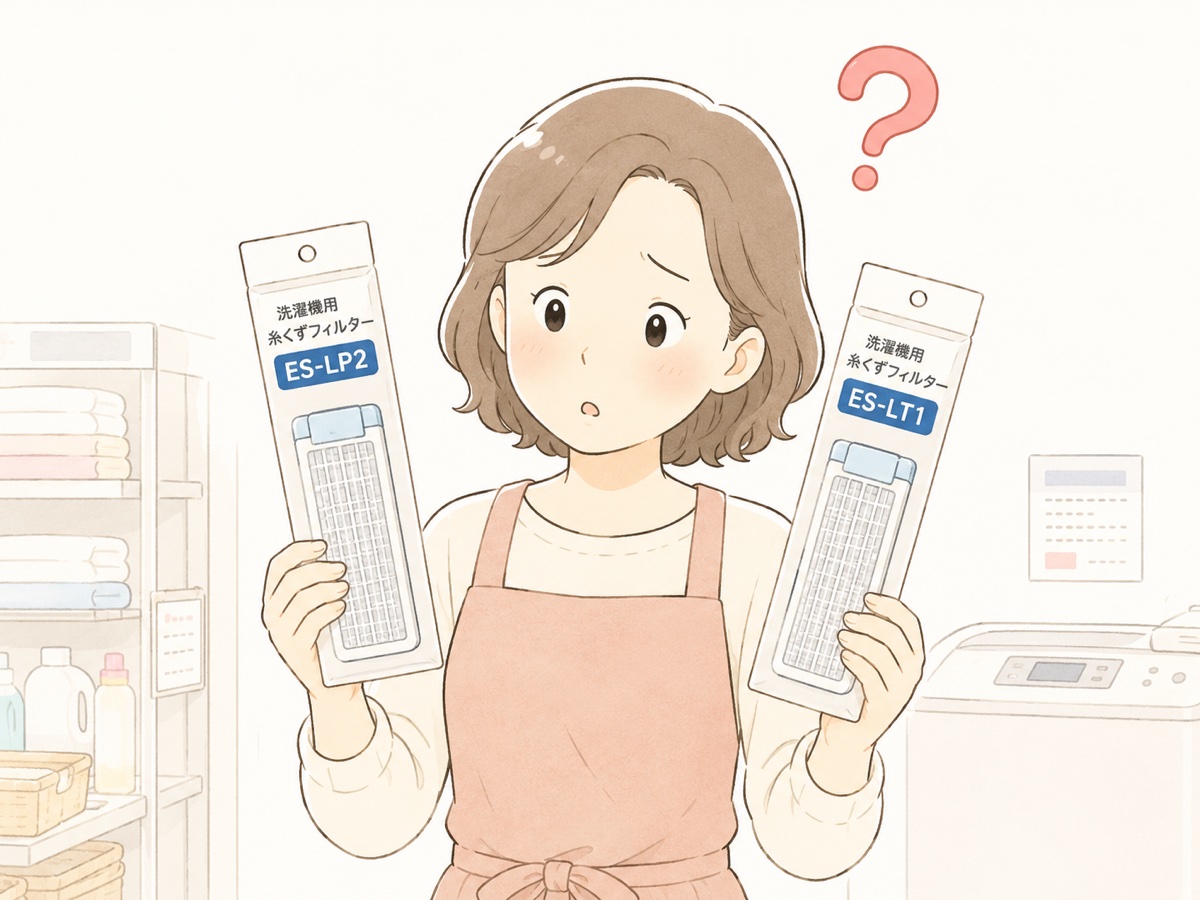 ES-LP2とES-LT1の似たフィルターを見比べて困っている主婦のイラスト