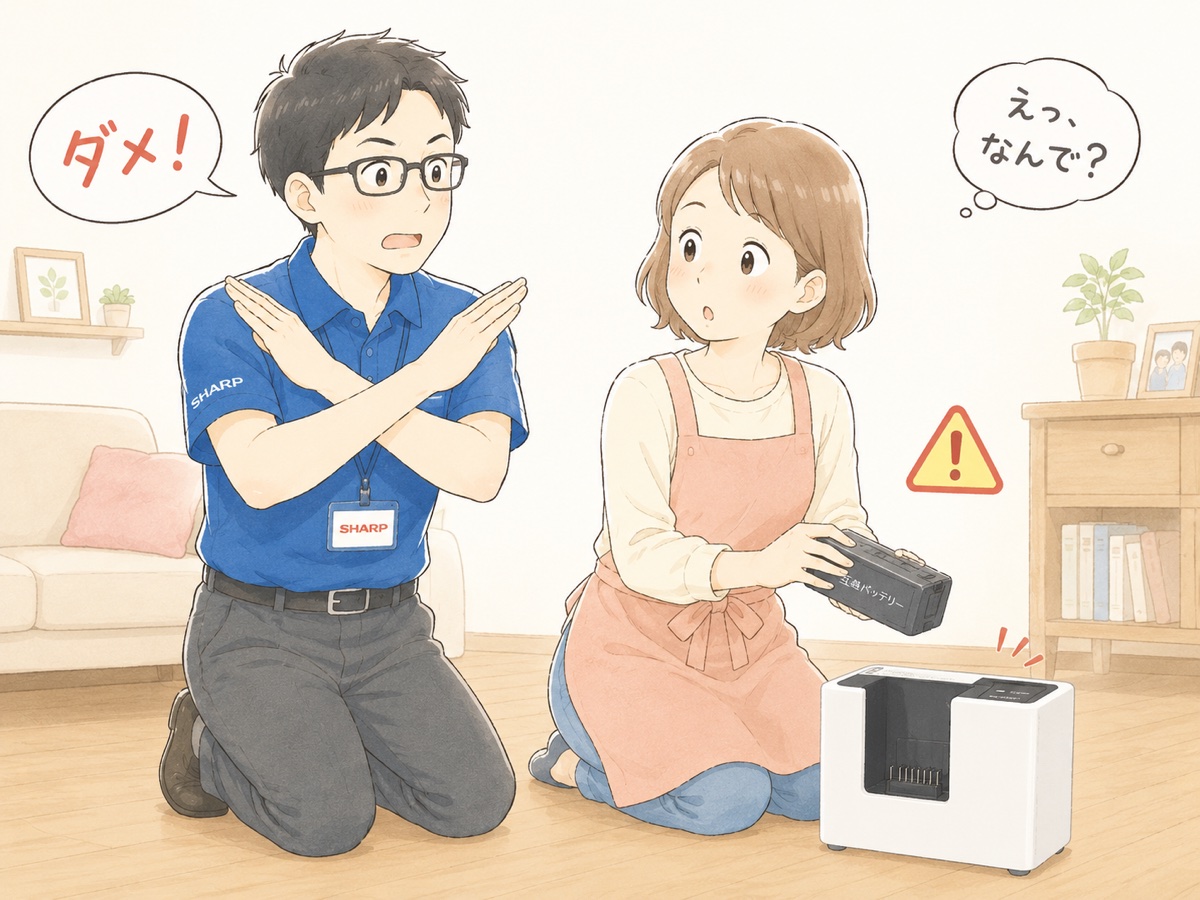 青ポロシャツのSHARPスタッフが互換バッテリーに「ダメ」と止めているイラスト