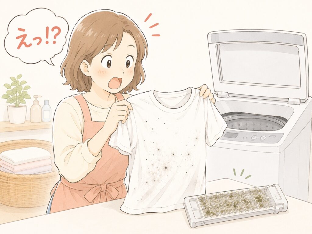 黒い汚れがついたTシャツを見てびっくりする主婦と汚れた糸くずフィルターのイラスト