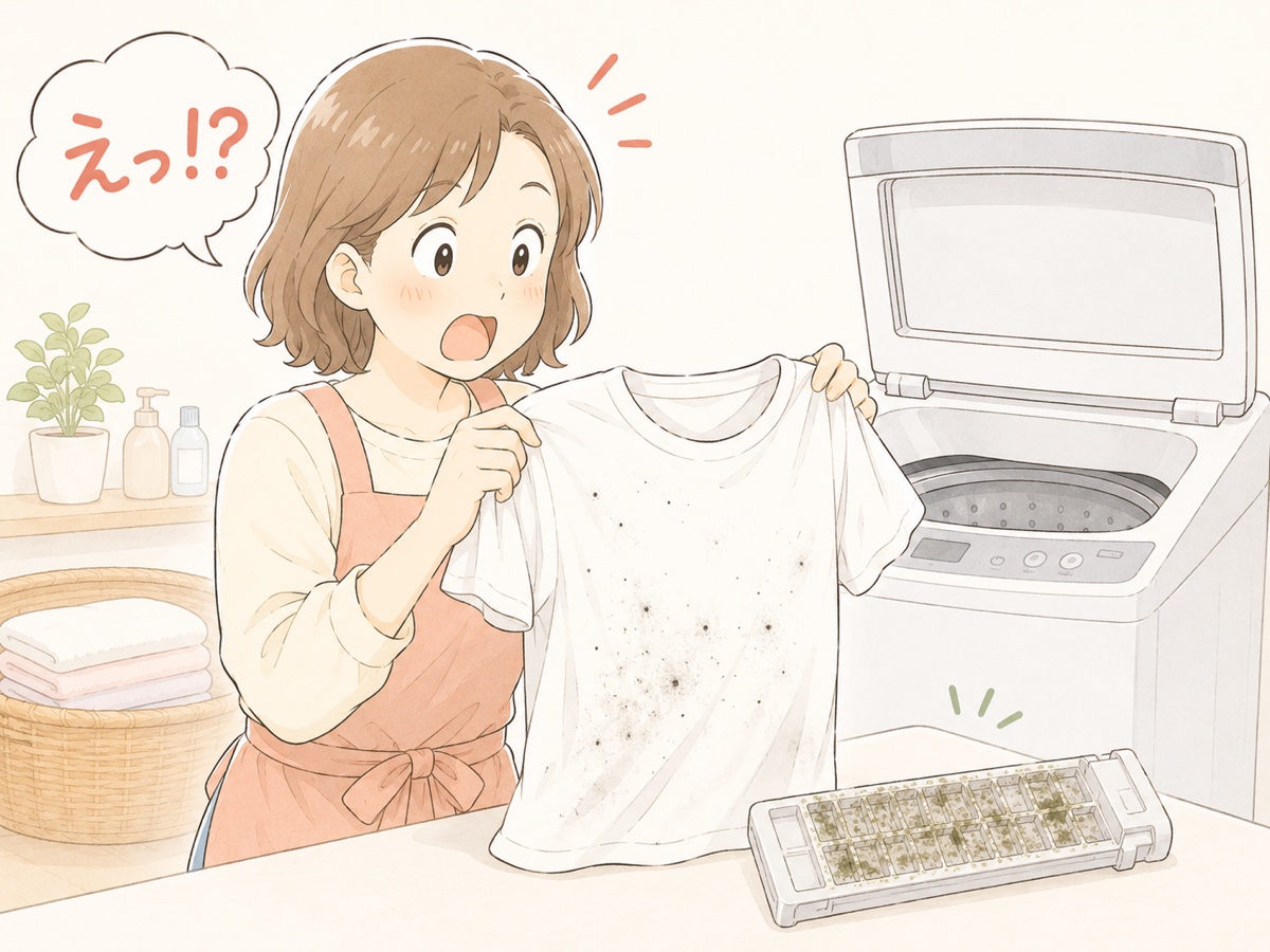 黒い汚れがついたTシャツを見てびっくりする主婦と汚れた糸くずフィルターのイラスト