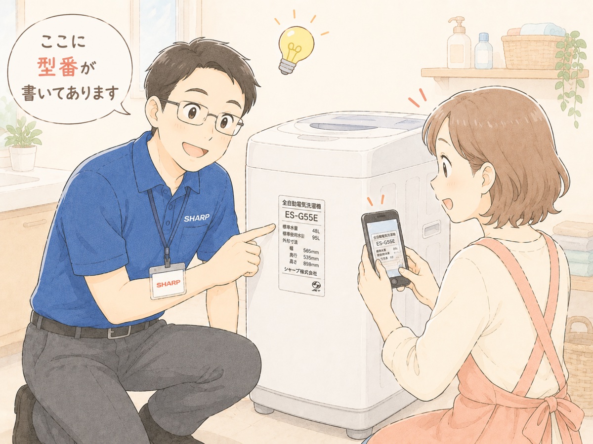 青ポロのSHARPスタッフが洗濯機の型番シールを指差して説明し主婦がスマホで撮影しているイラスト