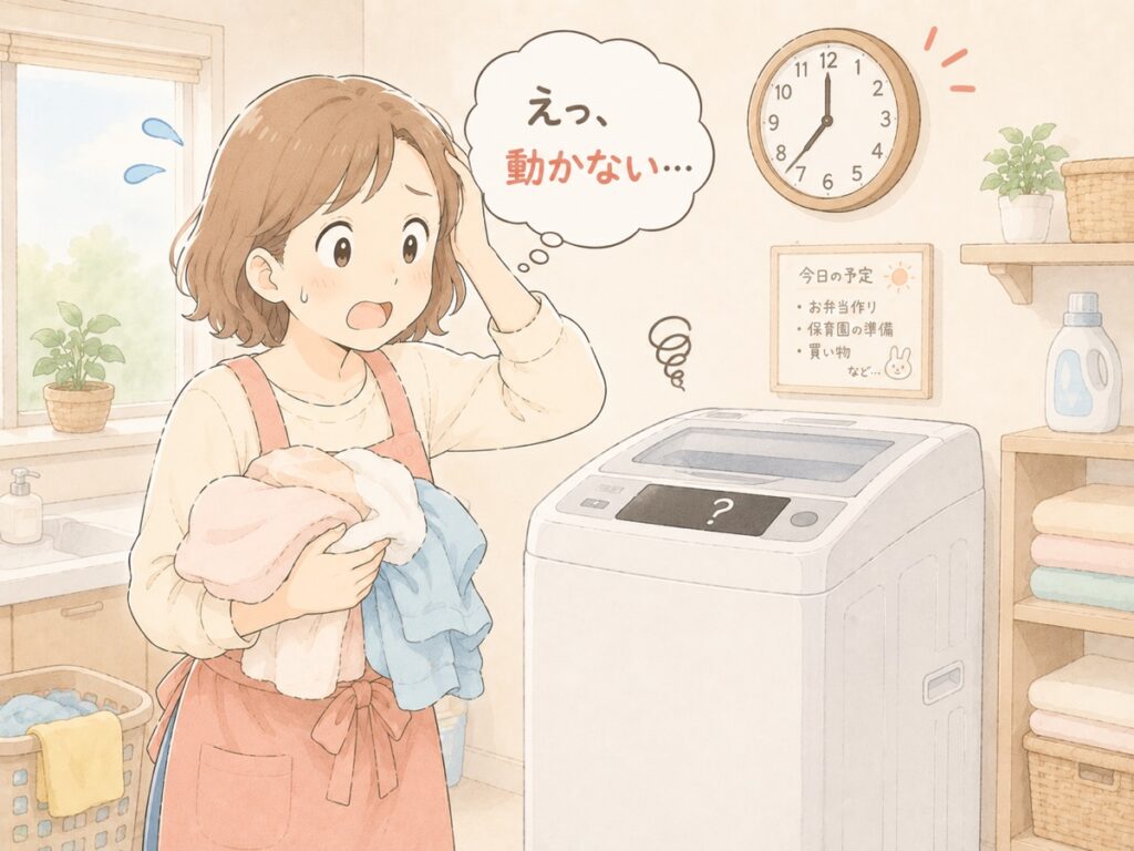 朝の忙しい時間に洗濯機が動かなくて困っている主婦のイラスト