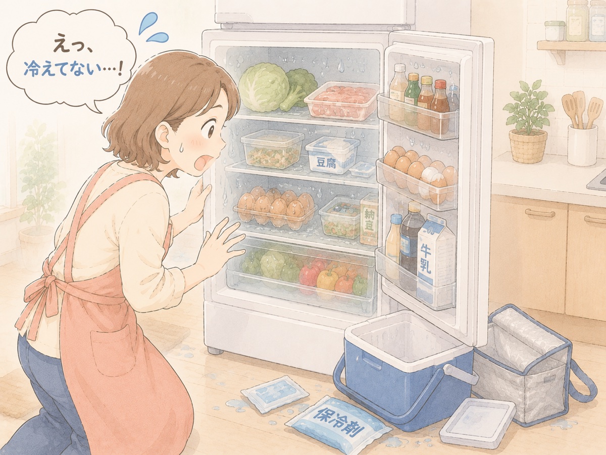 冷えなくなった冷蔵庫を見て慌てる主婦と、足元のクーラーボックス・保冷剤のイラスト