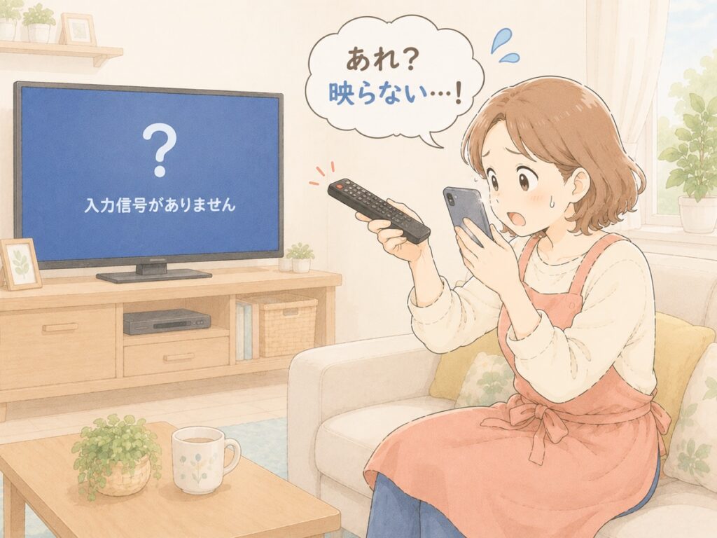 リモコンが効かないテレビと、スマホでリモコンの赤外線をチェックする主婦のイラスト
