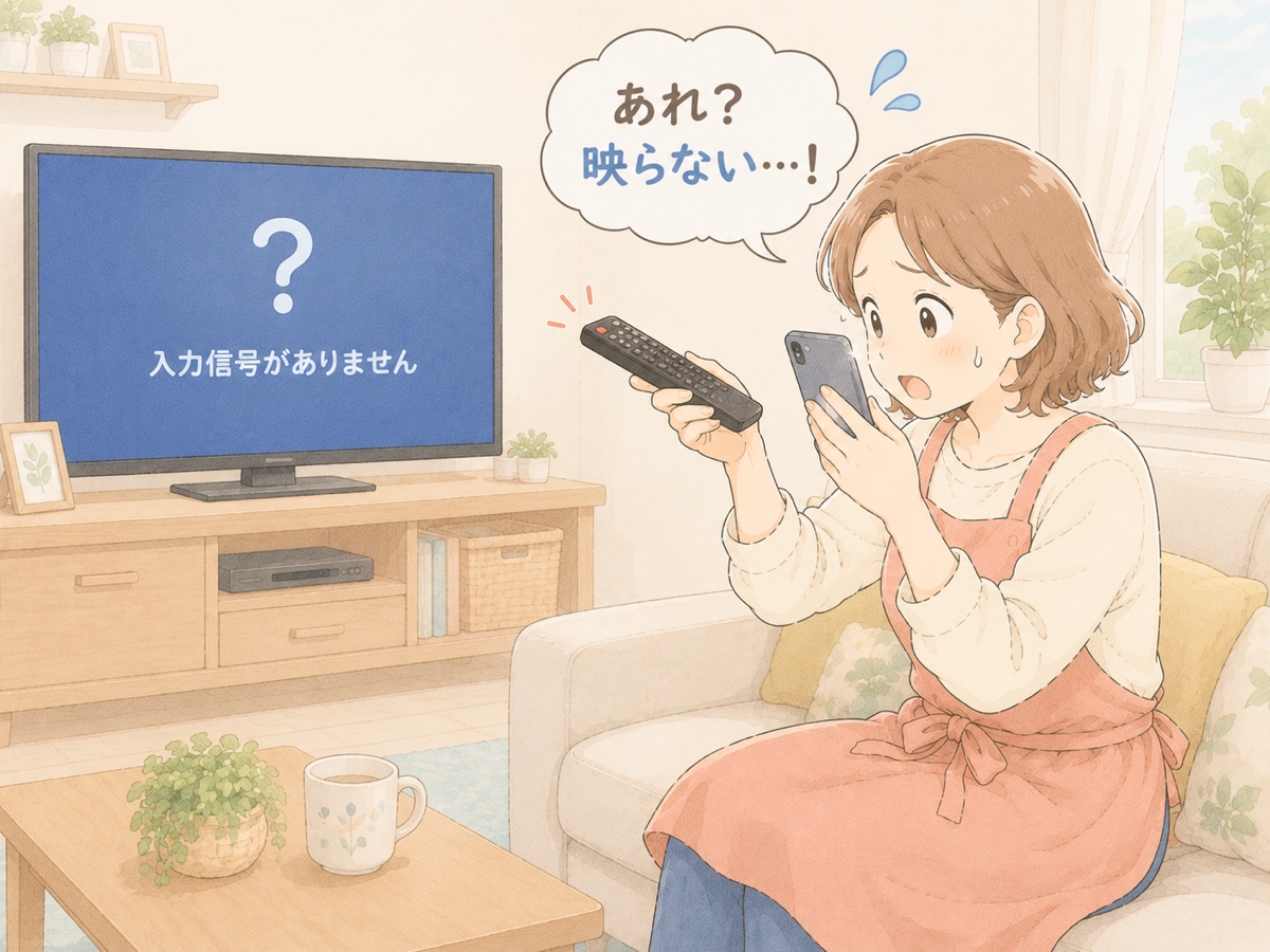 リモコンが効かないテレビと、スマホでリモコンの赤外線をチェックする主婦のイラスト