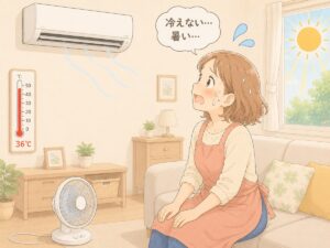 冷えないエアコンに困って扇風機で凌ぐ汗だくの主婦と36℃の温度計のイラスト