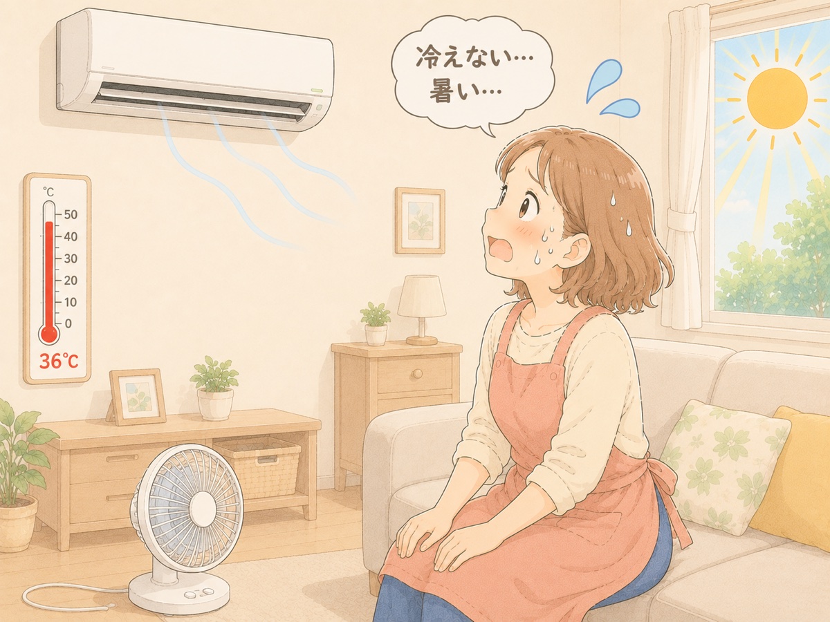 冷えないエアコンに困って扇風機で凌ぐ汗だくの主婦と36℃の温度計のイラスト