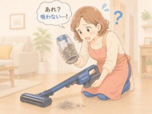 シャープのコードレス掃除機のダストカップを取り外して中のホコリを見る主婦のイラスト