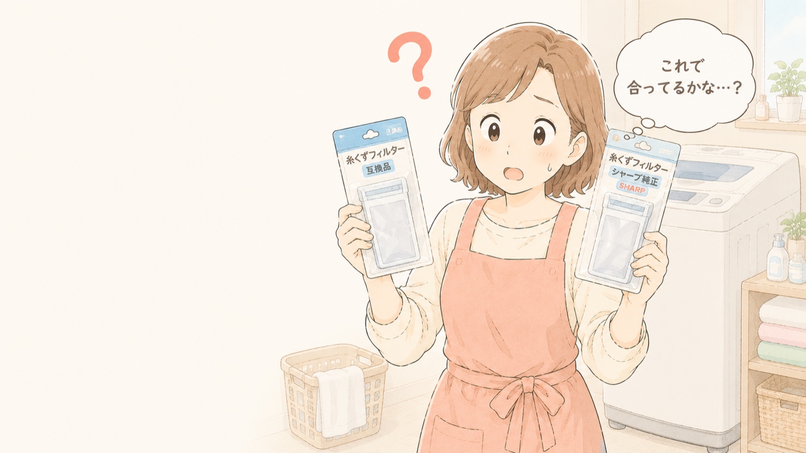シャープの部品選びで困っている主婦のイラスト