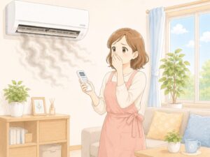 エアコンがカビ臭い原因と対策のイラスト。カビ臭い空気に困る女性とエアコン