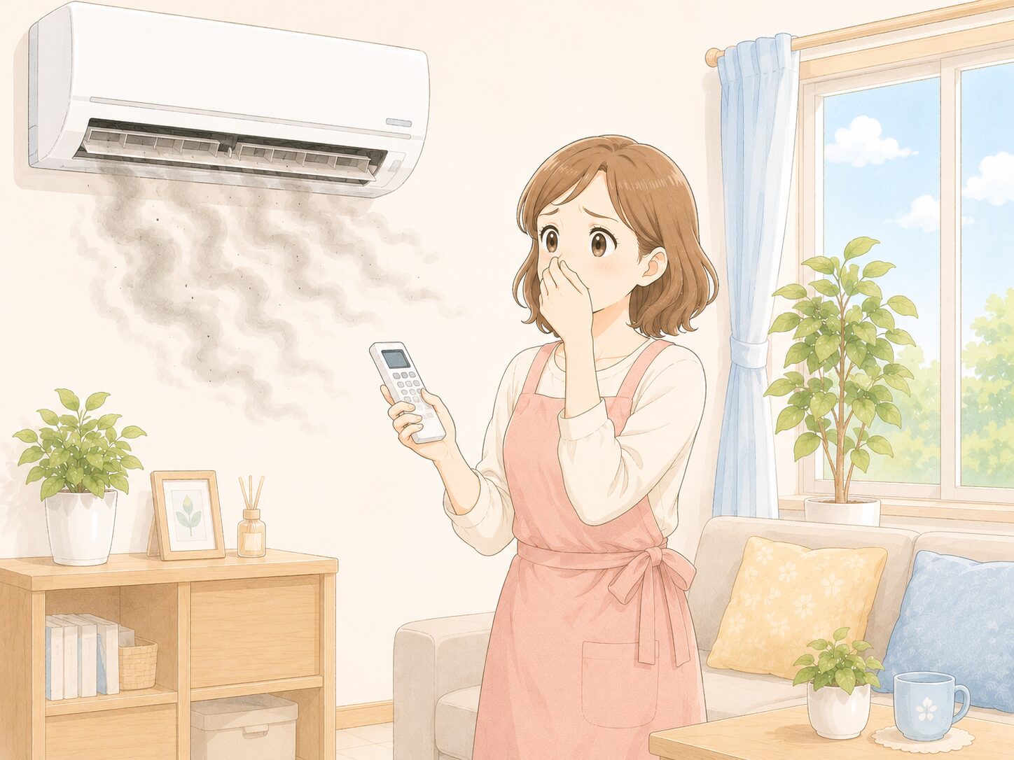 エアコンがカビ臭い原因と対策のイラスト。カビ臭い空気に困る女性とエアコン