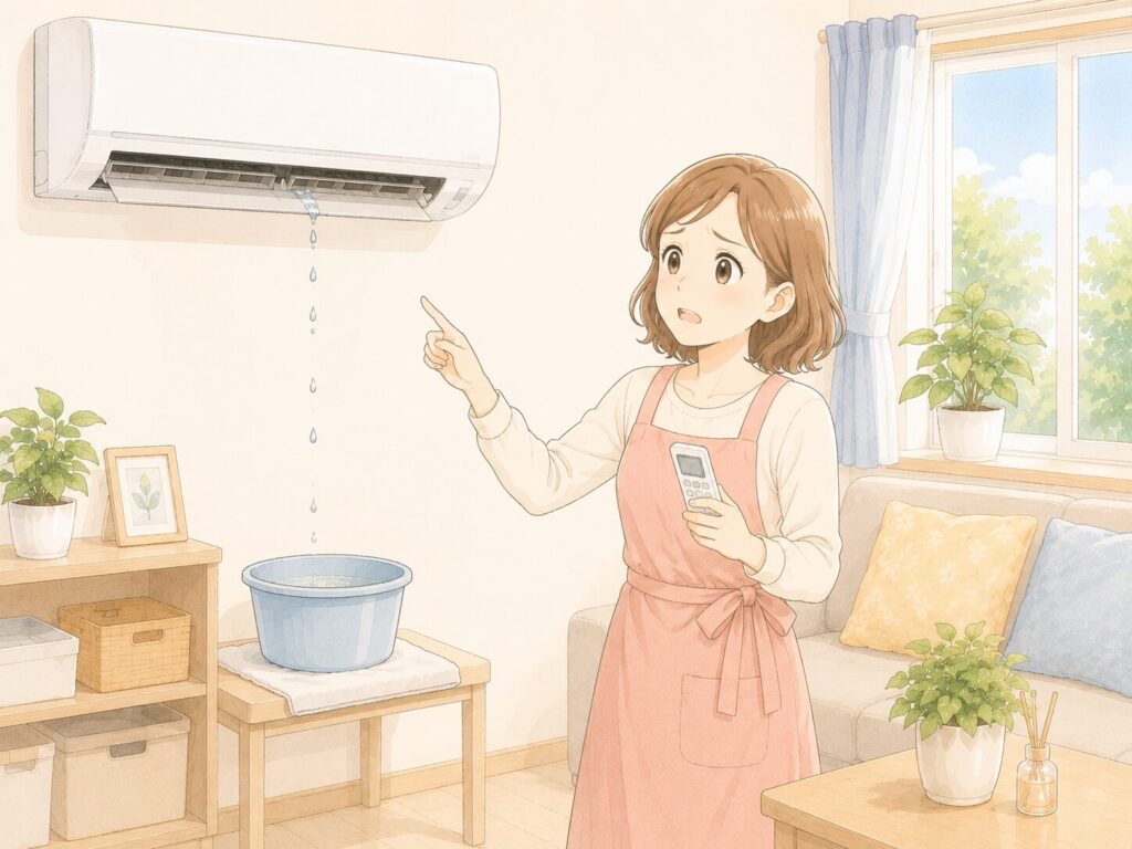 エアコンから水漏れする原因と確認ポイントのイラスト。室内機から水滴が落ちて困る女性
