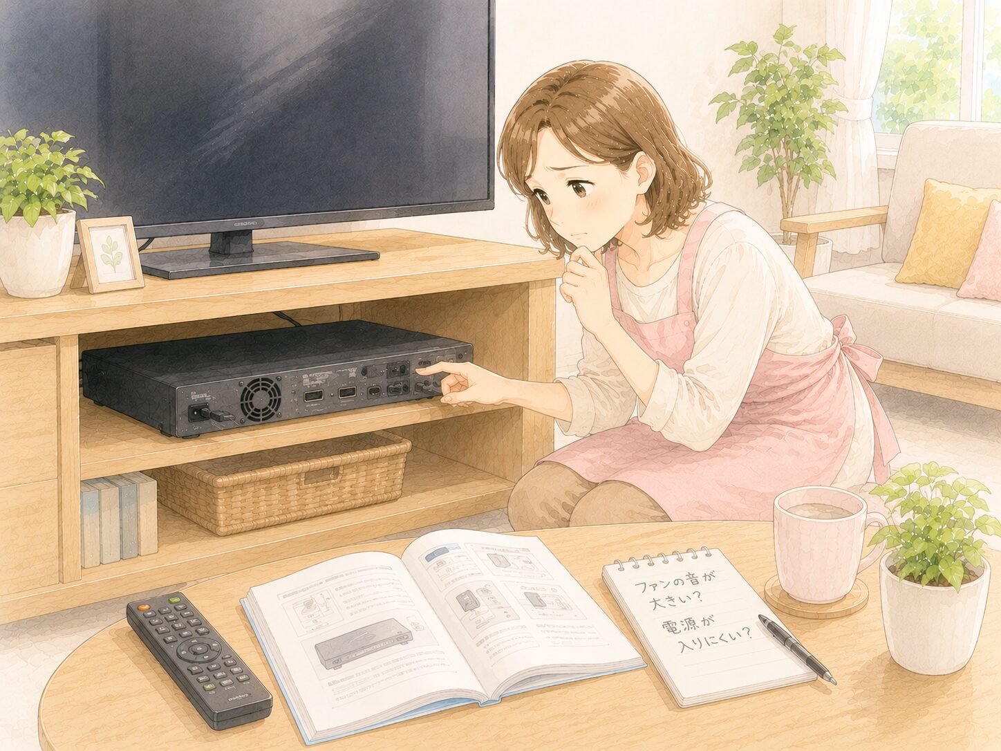 AQUOSブルーレイレコーダーの背面冷却ファンを確認しているイラスト