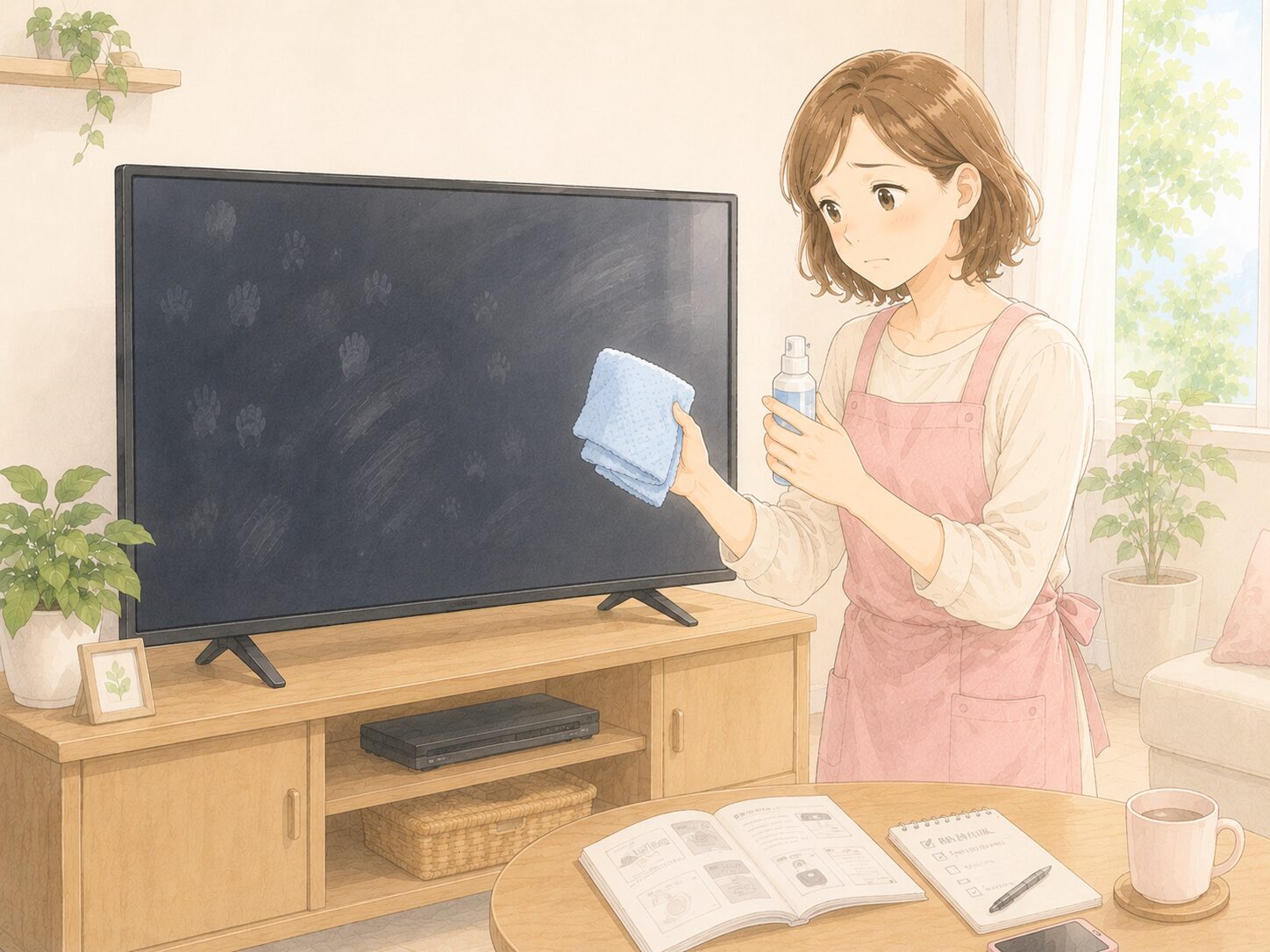 AQUOSテレビの液晶画面を拭く前に汚れを確認している主婦のイラスト