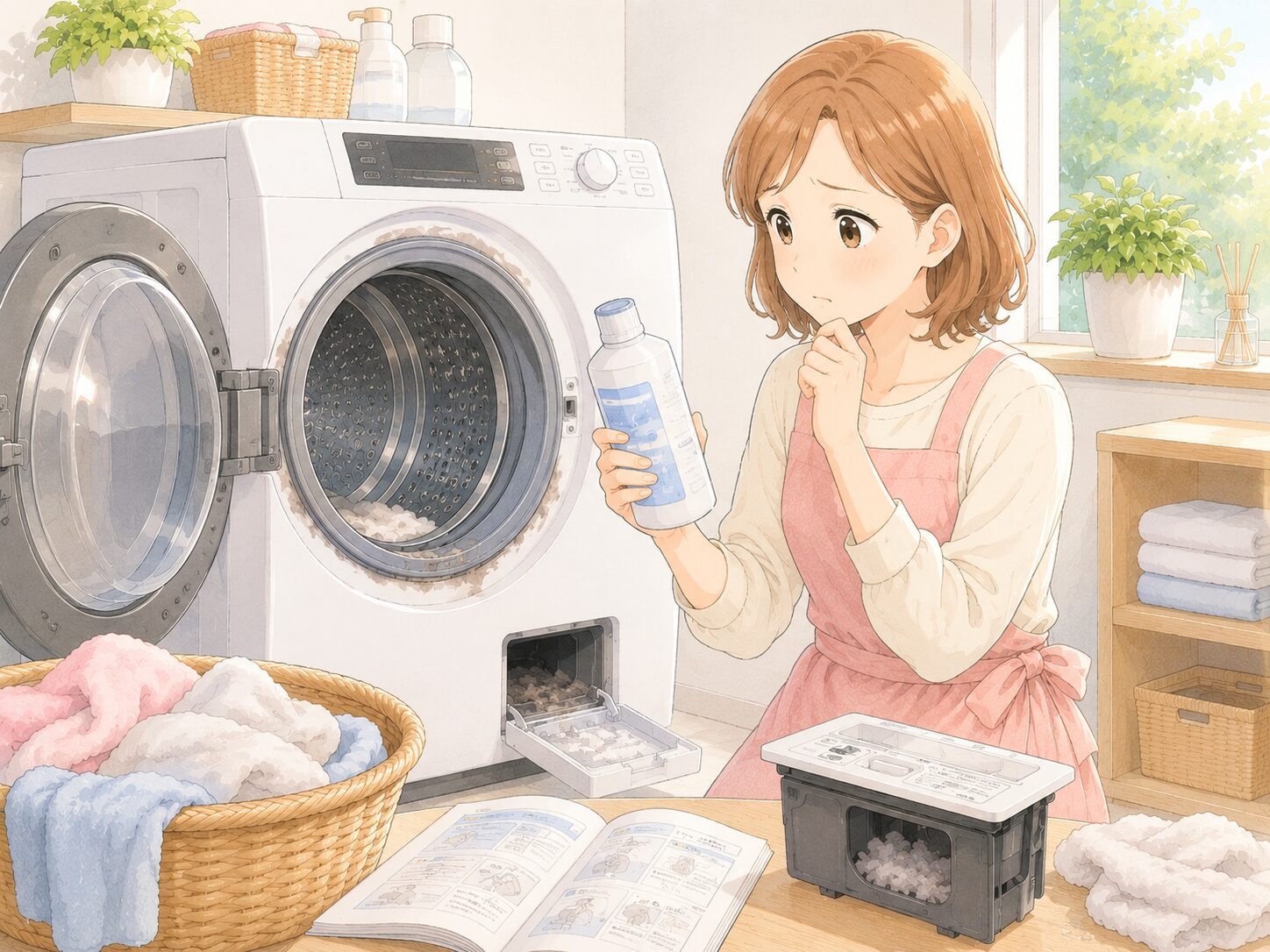 ドラム式洗濯乾燥機に市販クリーナーを使っても改善せず困っている主婦のイラスト