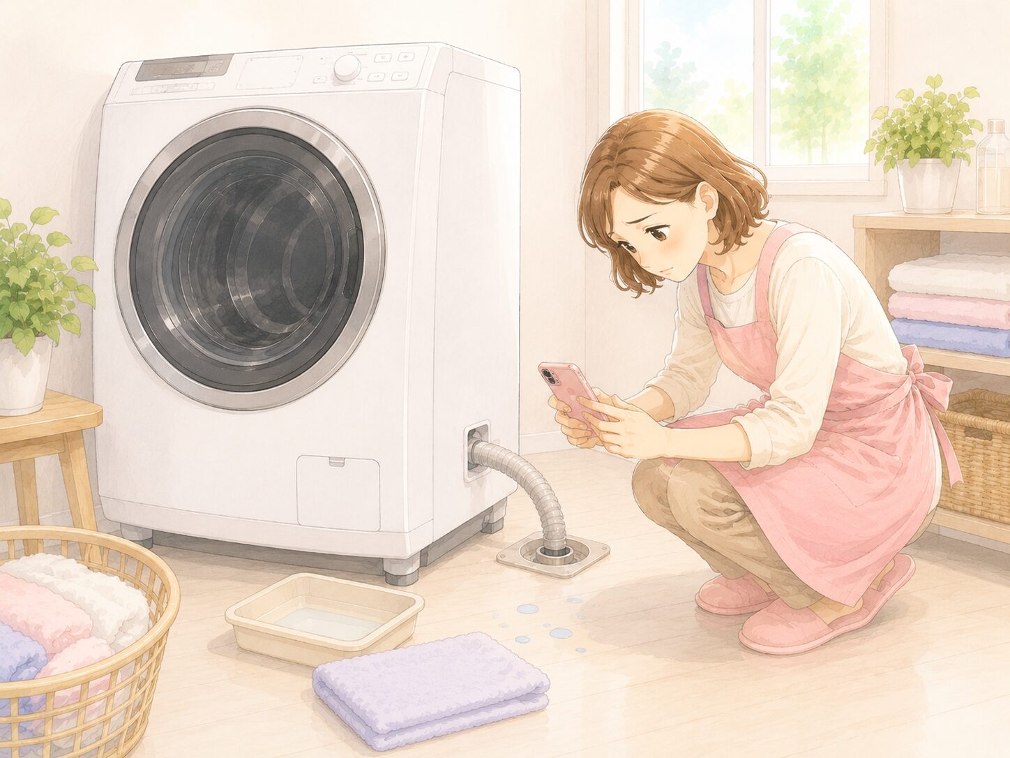 ドラム式洗濯乾燥機の排水ホースと排水口まわりを確認するイラスト