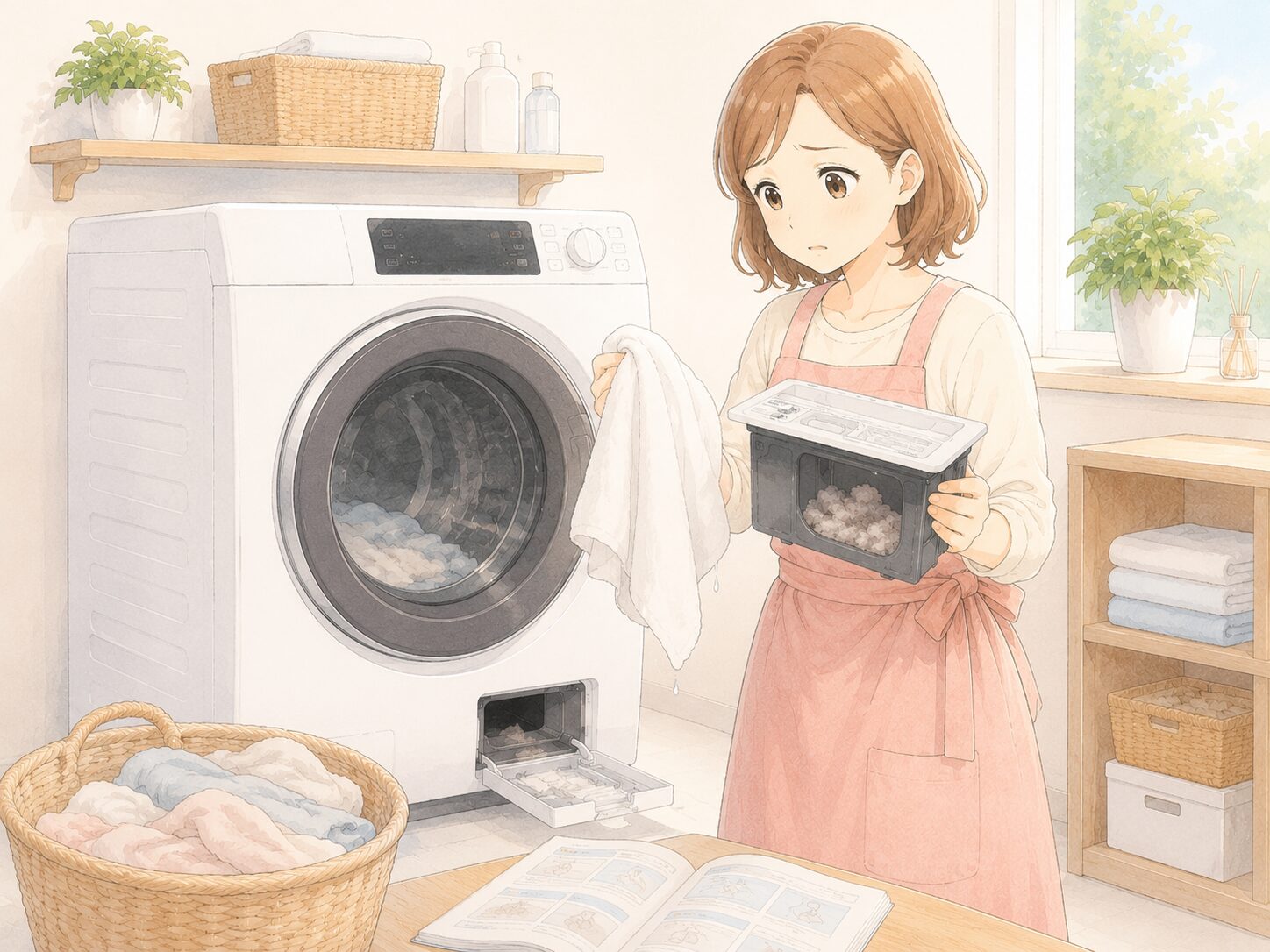 ドラム式洗濯乾燥機の乾燥フィルターを掃除しても改善せず困っている主婦のイラスト