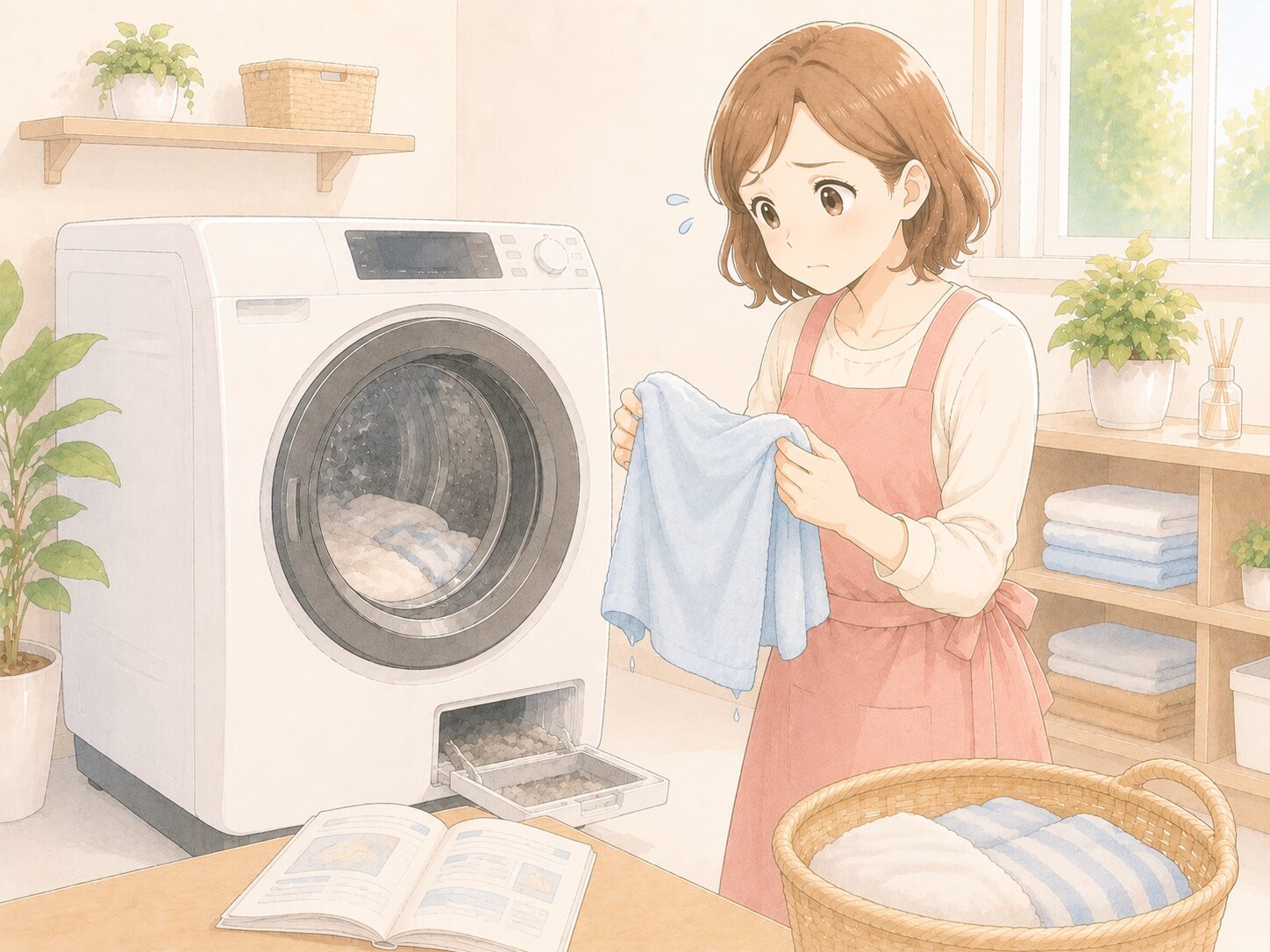 ドラム式洗濯乾燥機にU04表示が出て困っている主婦と乾燥フィルターのイラスト