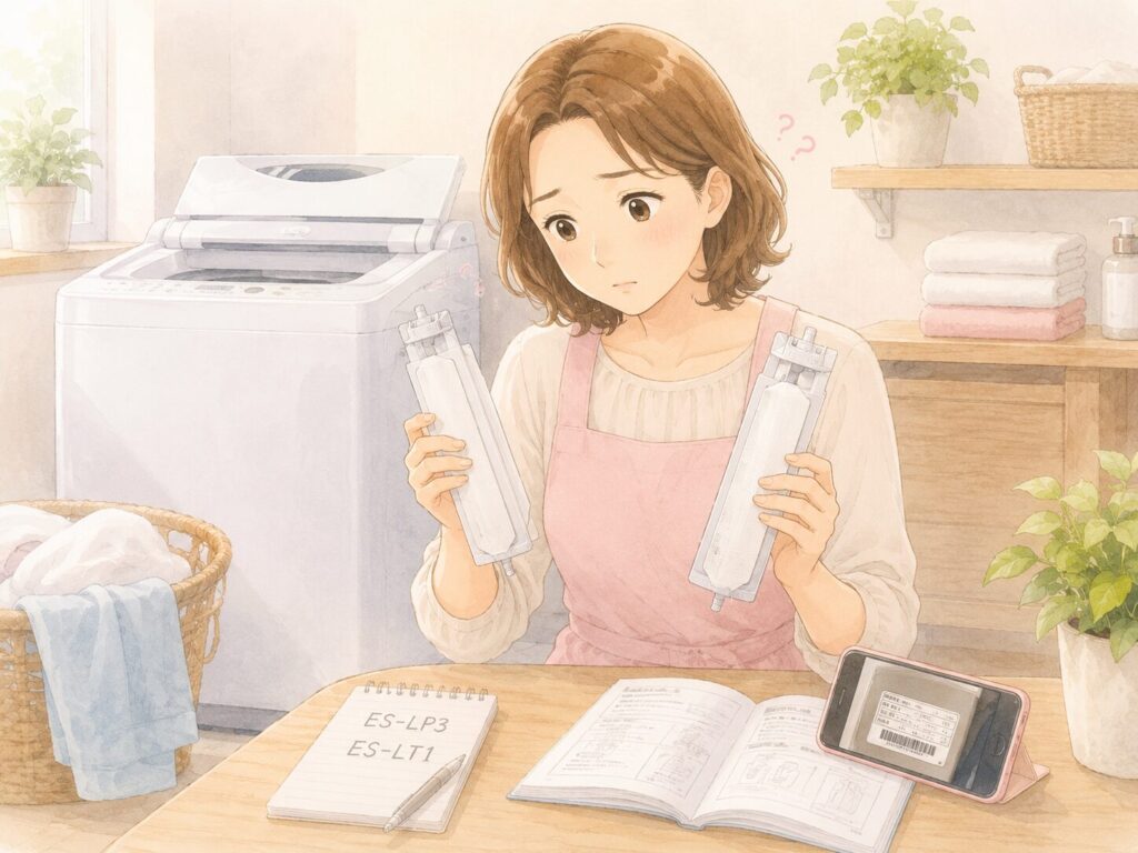 ES-LP3とES-LT1の糸くずフィルターを見比べて型番を確認している主婦のイラスト