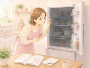 冷蔵庫は冷えているのに庫内灯だけ点かない原因を確認している主婦のイラスト