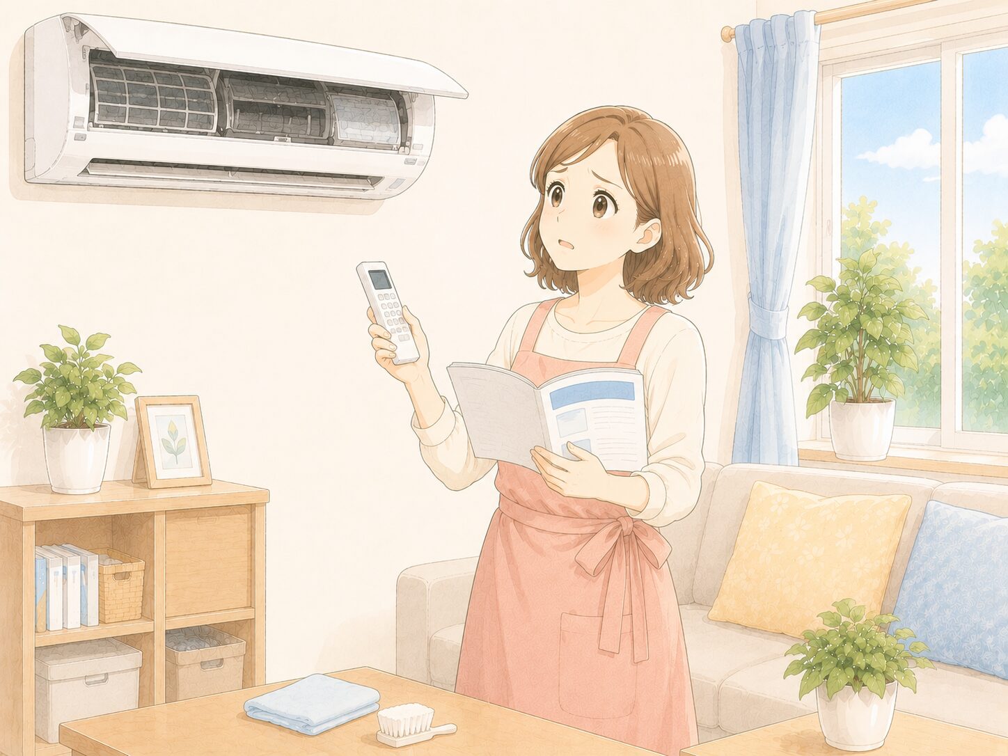 お掃除機能付きエアコンは自分で掃除できるか悩む女性のイラスト