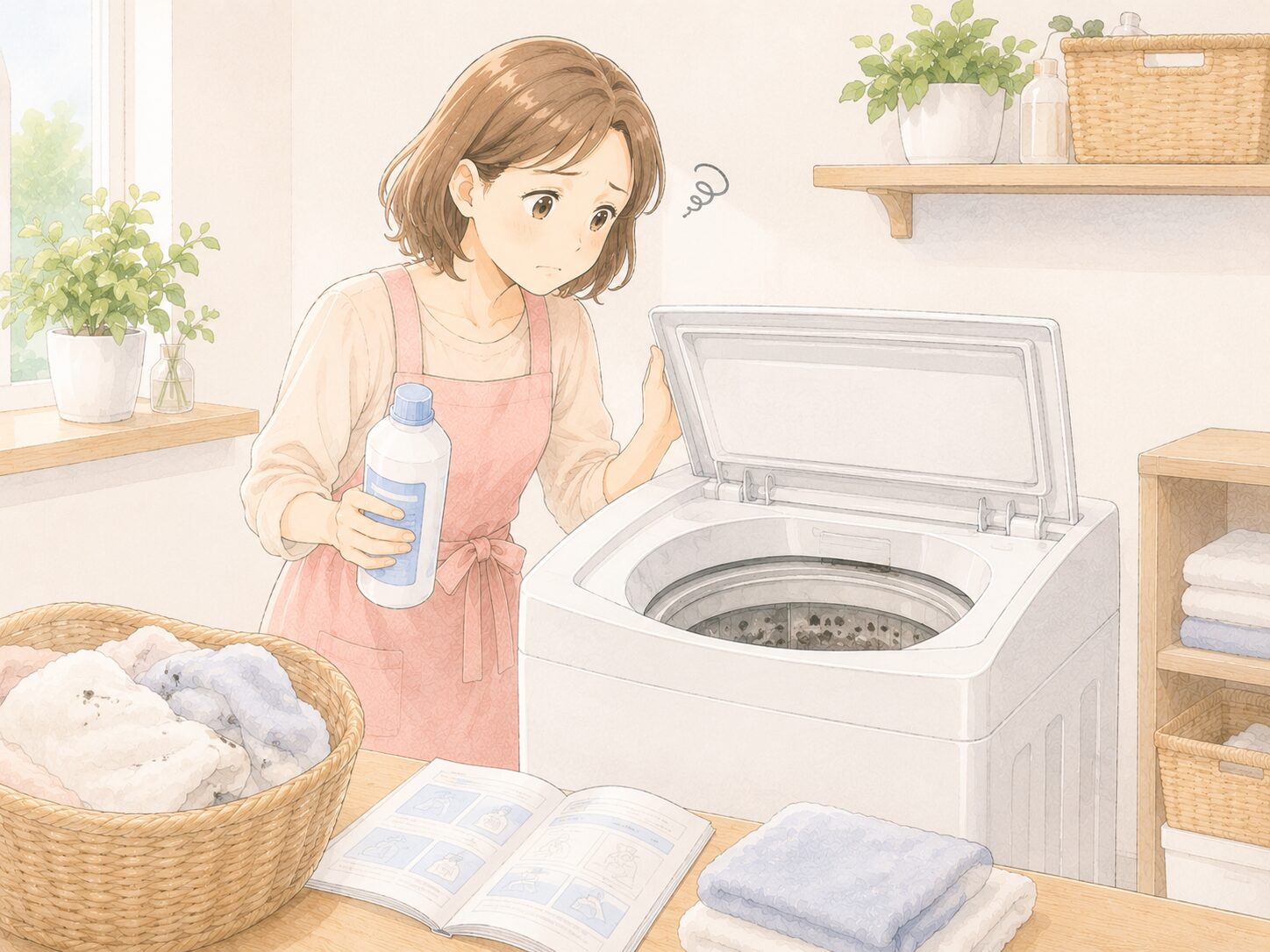 タテ型洗濯機で市販クリーナーを使っても黒い汚れやニオイが戻る時の確認イラスト