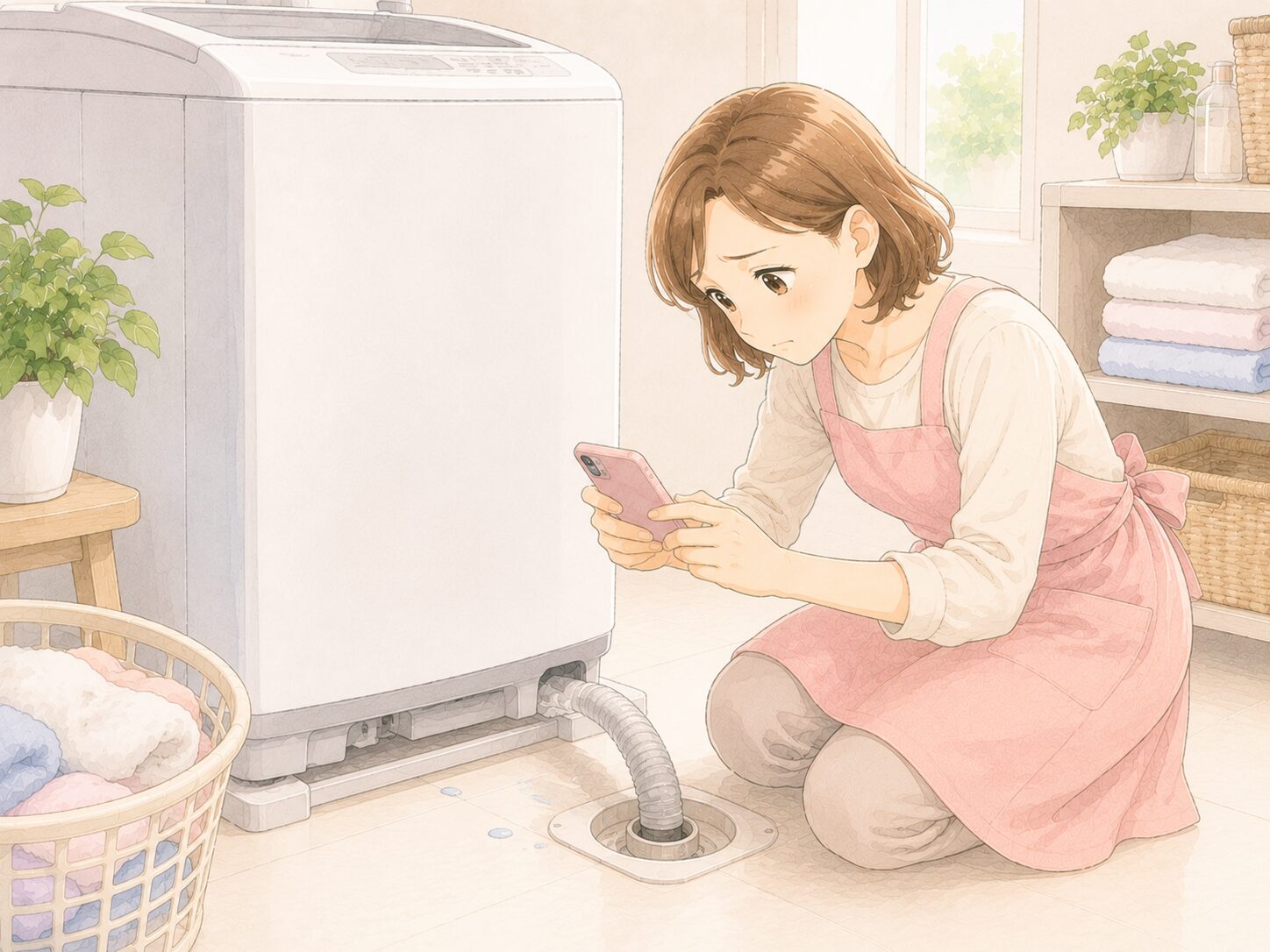 タテ型洗濯機の排水ホースと排水口まわりを確認するイラスト