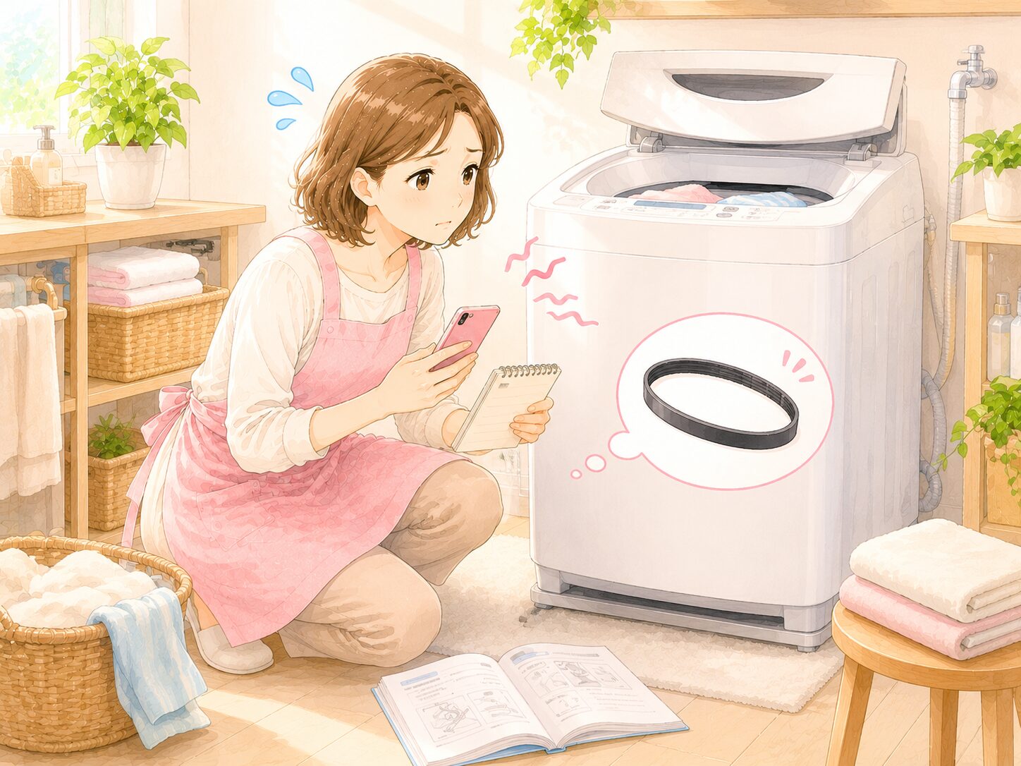 洗濯機のVベルト劣化による異音や空回りを確認しているイラスト