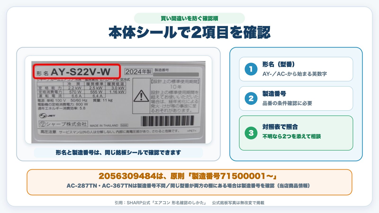 エアコン本体シールで形名と製造番号を確認する方法