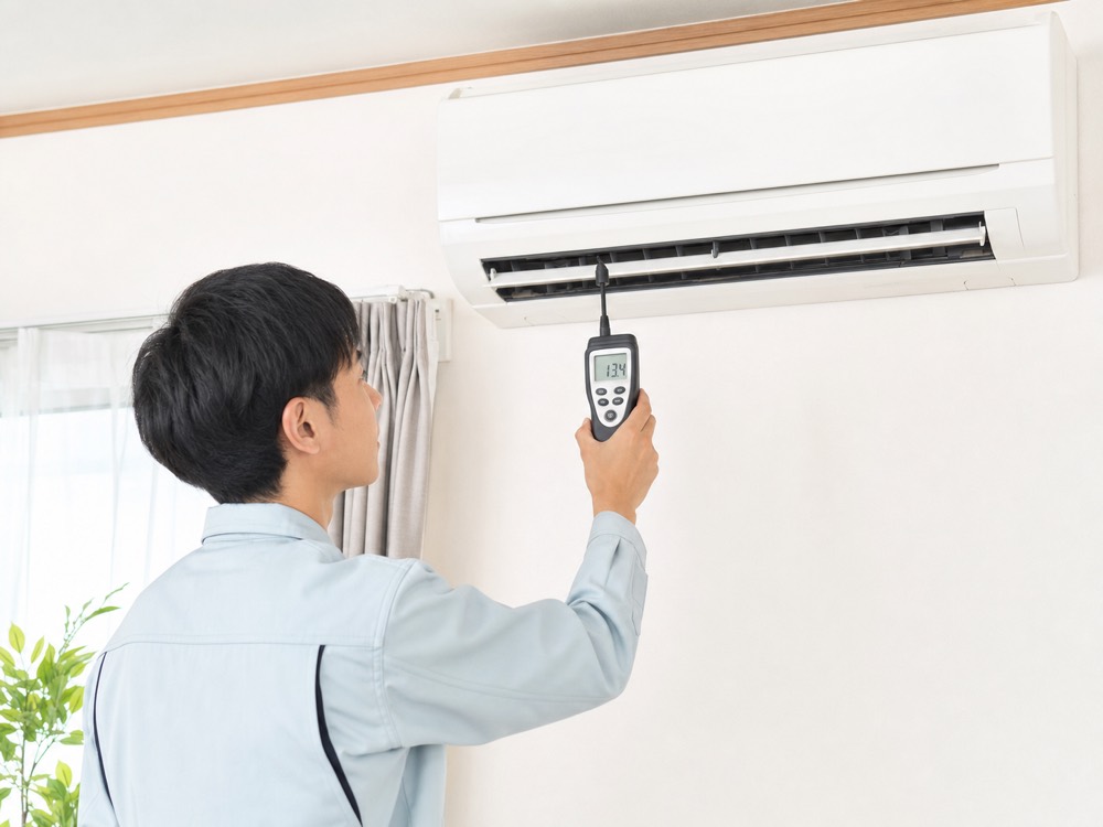 修理スタッフがエアコンの吹き出し温度を測定している様子