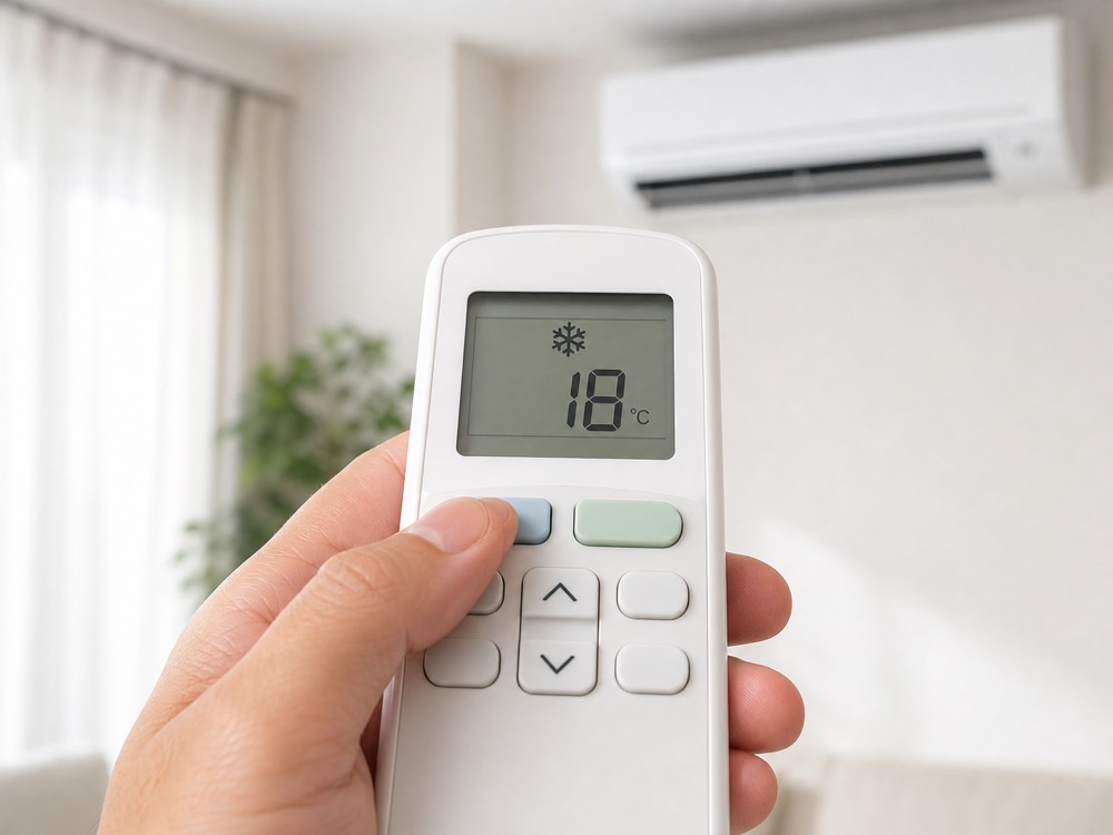 エアコンのリモコンを冷房18℃に設定して確認する様子