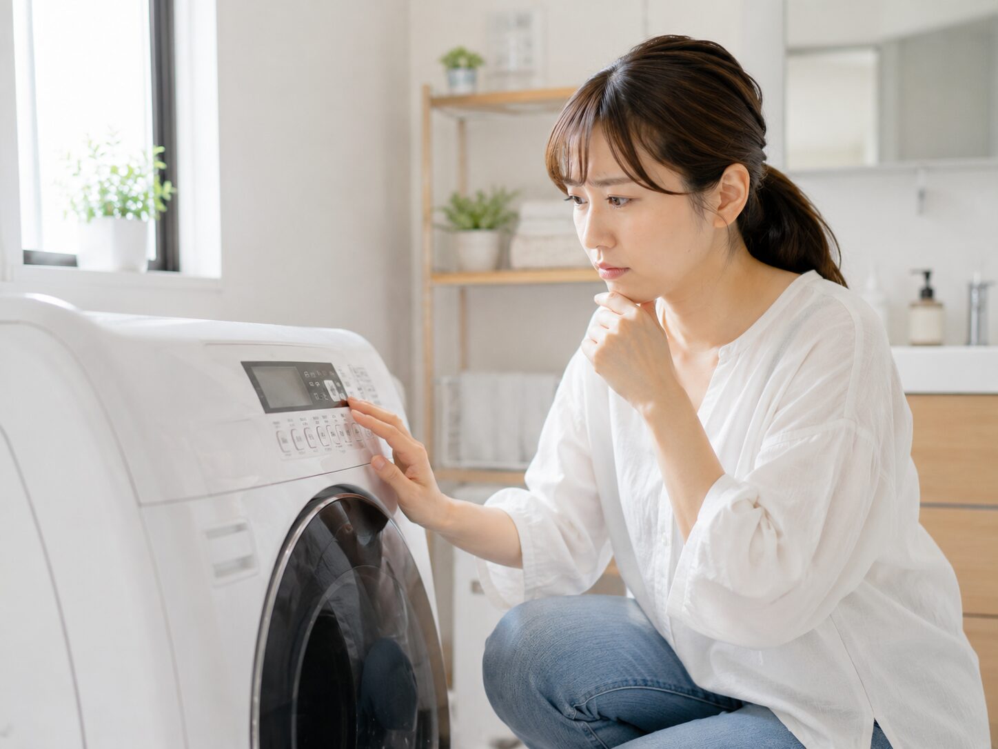 朝の忙しい時間に洗濯機が動かなくて困っている主婦のイラスト