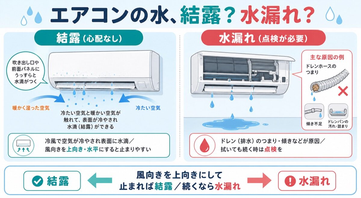 エアコンから出る水が結露か水漏れかを見分ける方法のイメージ図。左が結露(心配なし)、右が水漏れ(点検が必要)