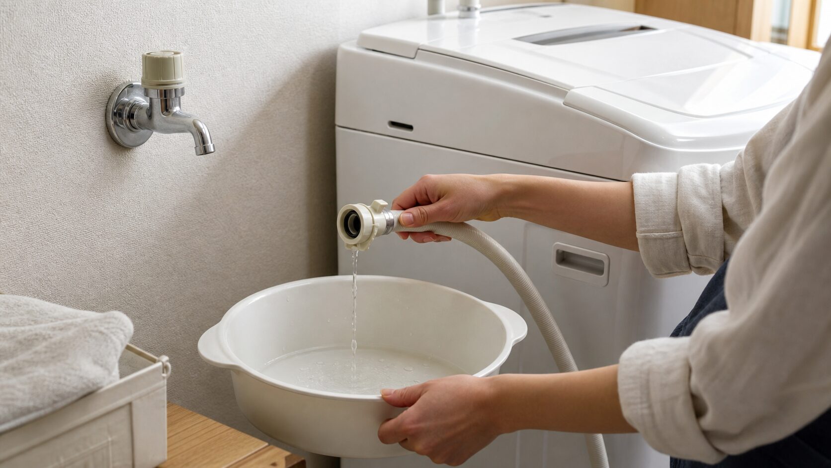 引っ越し前の洗濯機 水抜きの順番の確認場面