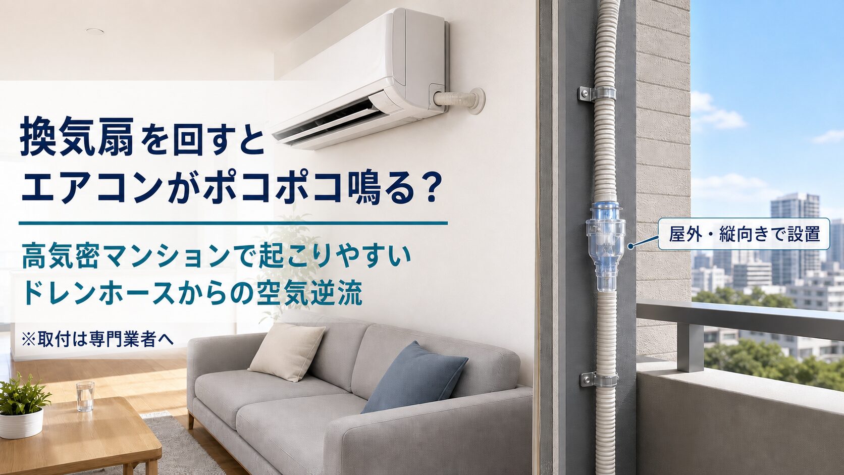 高気密マンションで起こりやすいエアコンのポコポコ音とドレンホースからの空気逆流のイメージ