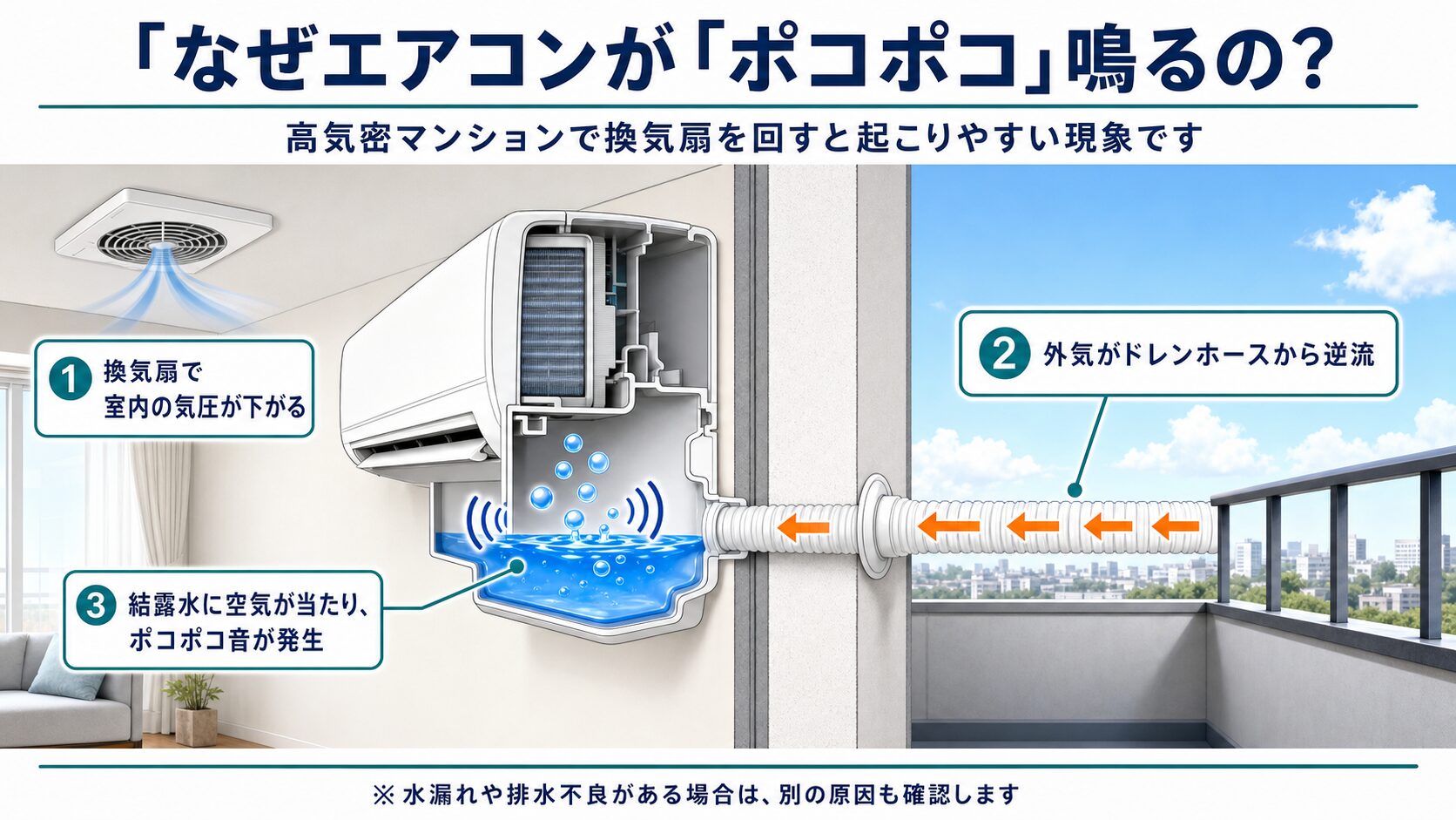 高気密マンションで換気扇を回したときにドレンホースから外気が逆流し、エアコンのポコポコ音が発生する仕組み