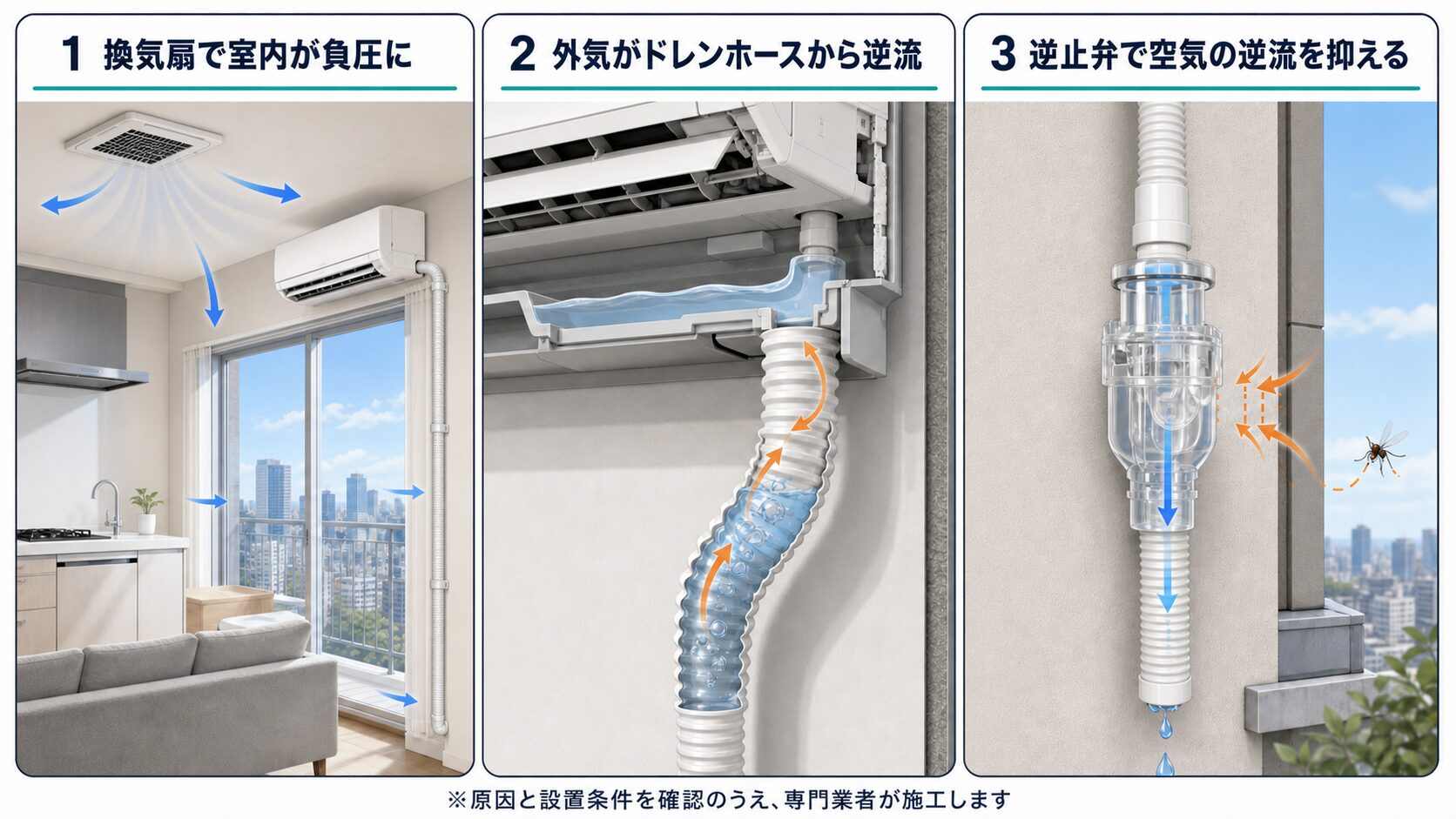 換気扇による室内負圧、ドレンホースからの空気逆流、おとめちゃんで逆流を抑える流れ