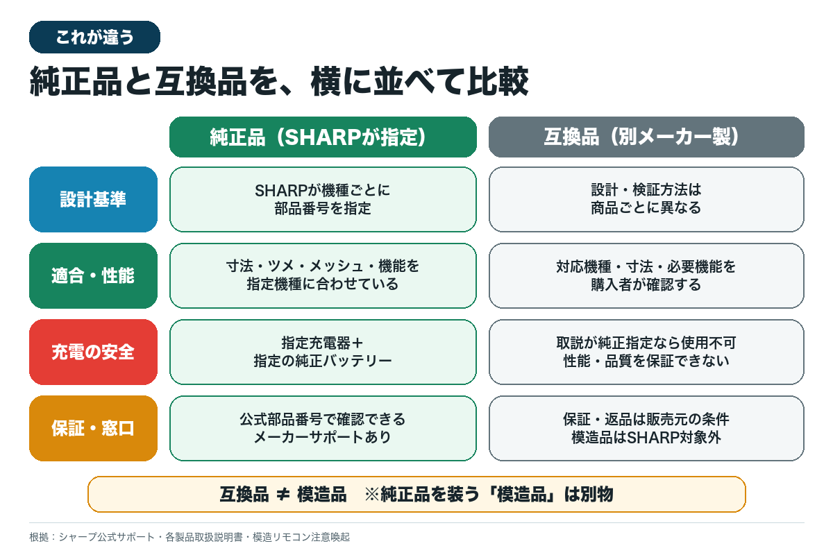 シャープ純正品と互換品の設計・適合性能・充電安全・保証窓口の比較