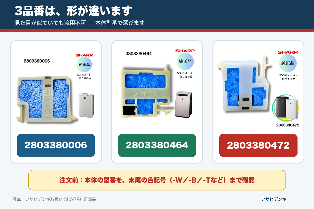 SHARP加湿空気清浄機用フロート2803380006・2803380464・2803380472の形状比較