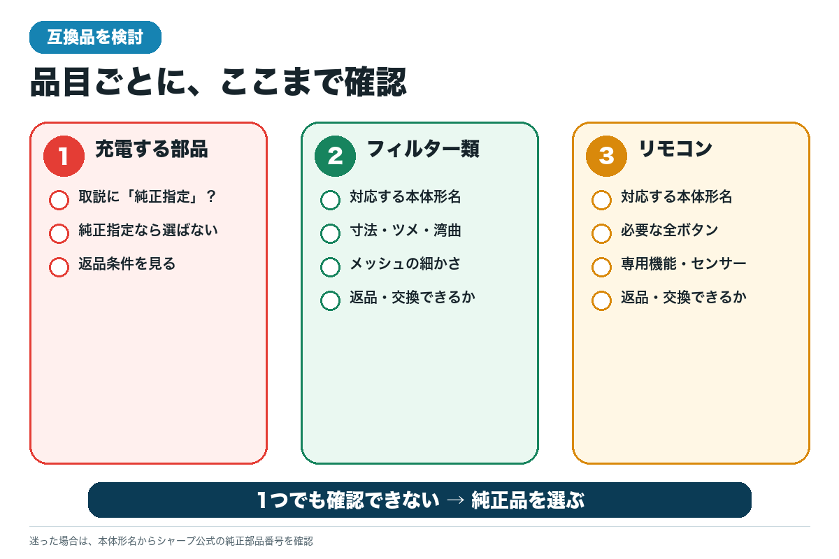 充電部品・フィルター・リモコンの互換品を検討するときの確認項目