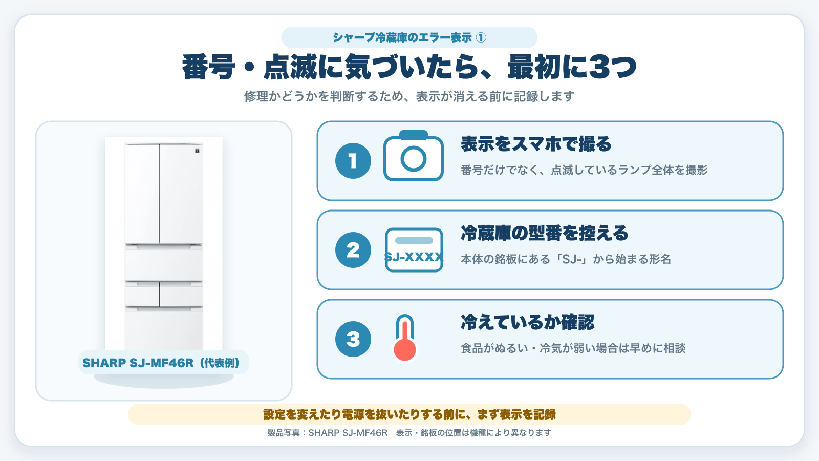 シャープ冷蔵庫でエラー番号やランプ点滅に気づいた時に、表示の撮影、型番、冷え方を確認する3つの手順