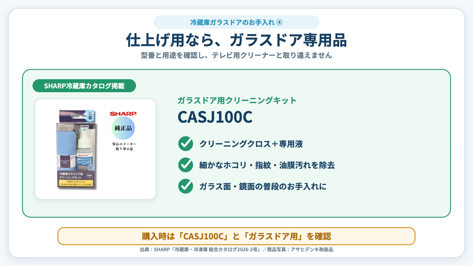 冷蔵庫ガラスドア用クリーニングキットCASJ100Cの内容と用途