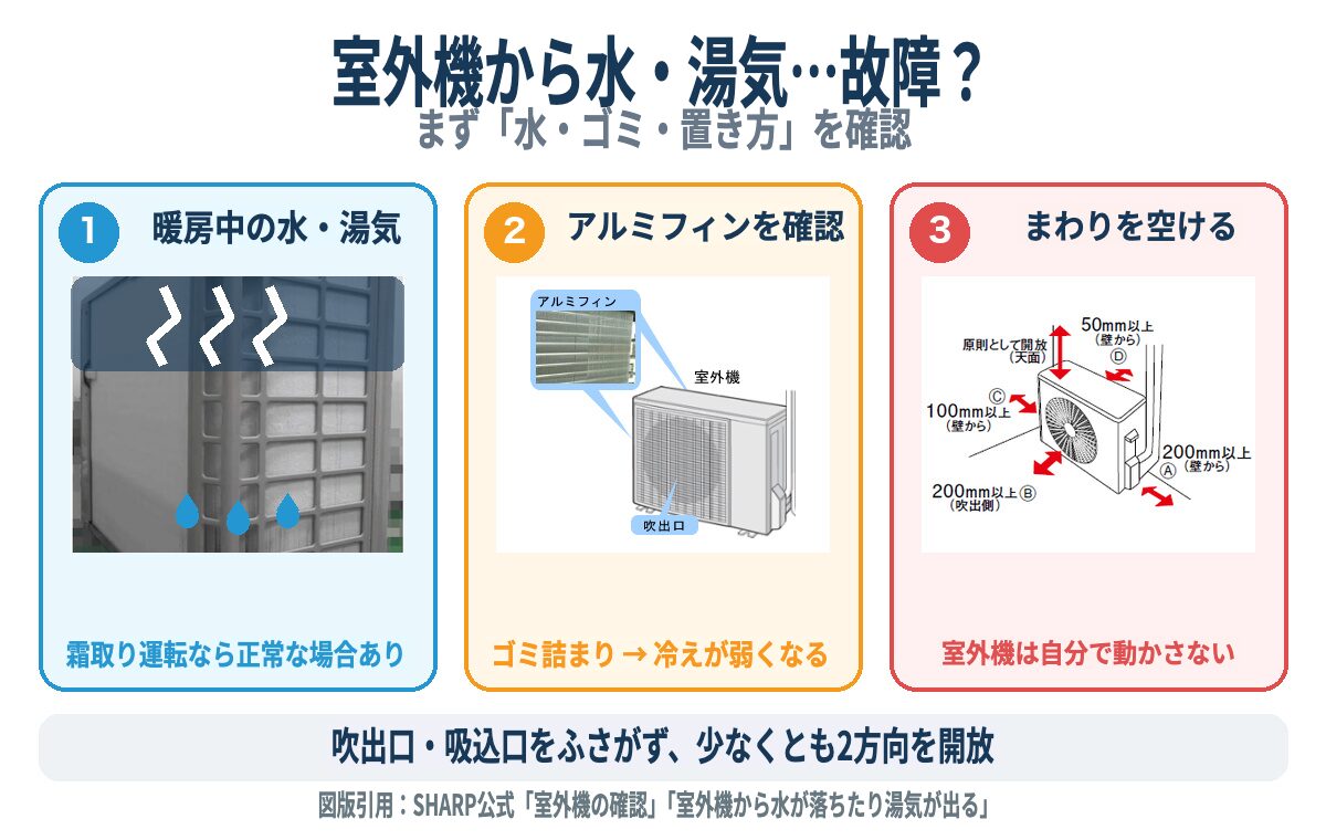 室外機から水や湯気が出るときの確認。霜取り、アルミフィン、設置スペースの3点をSHARP公式図版で説明