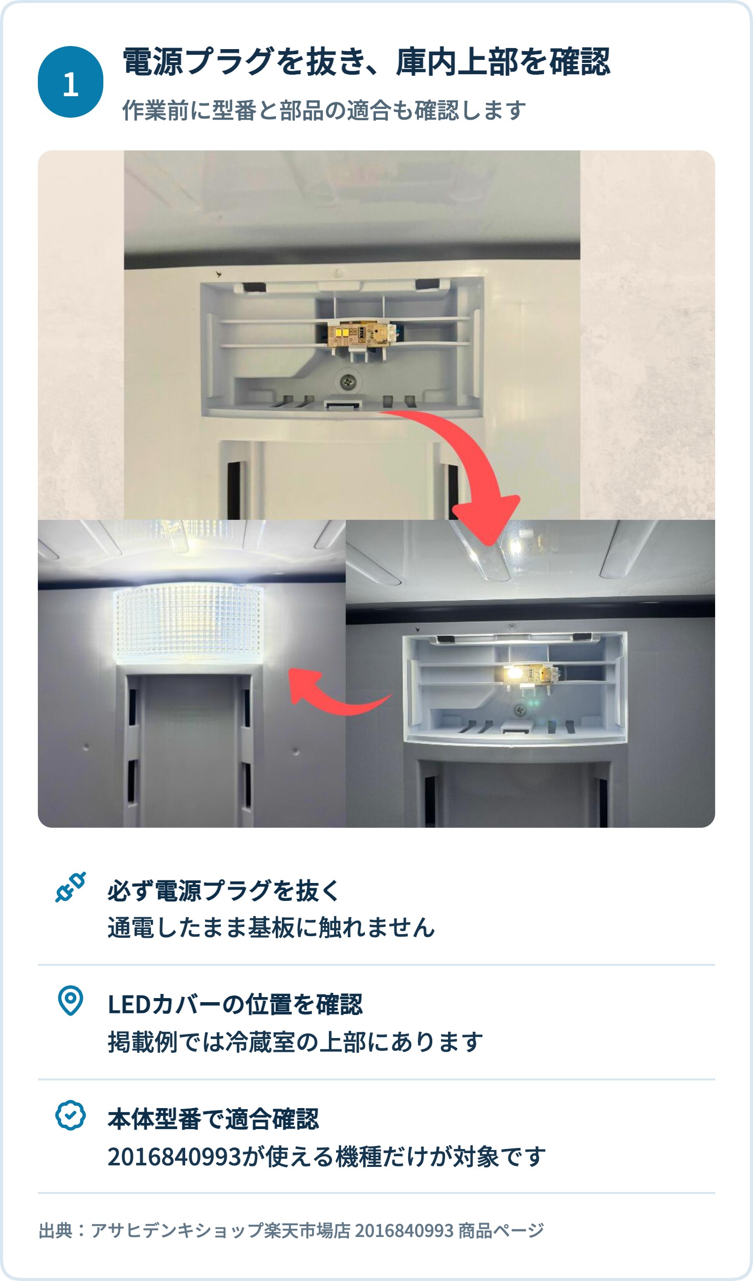 シャープ冷蔵庫のLED庫内灯基板を交換する前の位置確認と安全確認