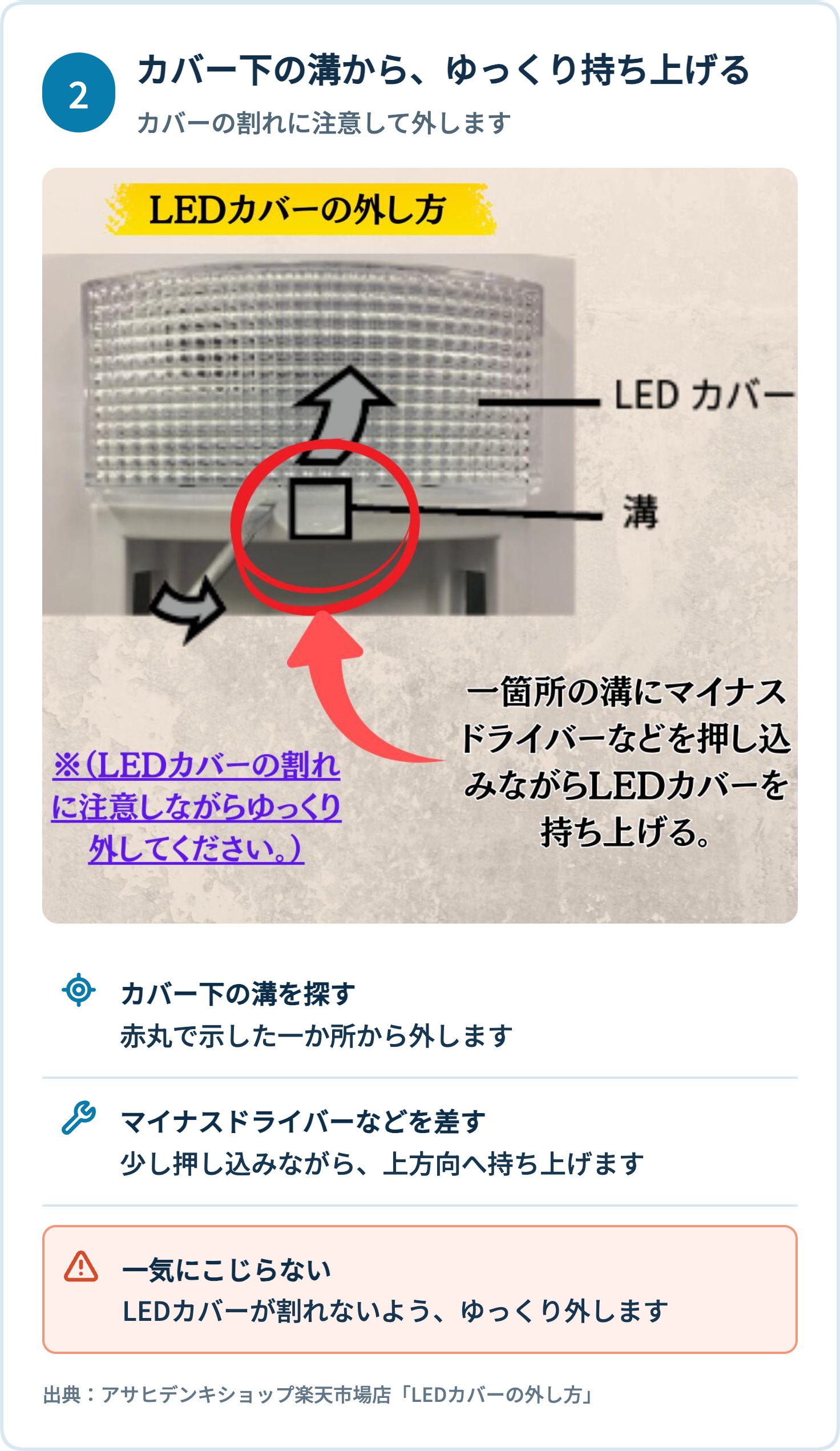 シャープ冷蔵庫のLEDカバーを溝からゆっくり外す手順