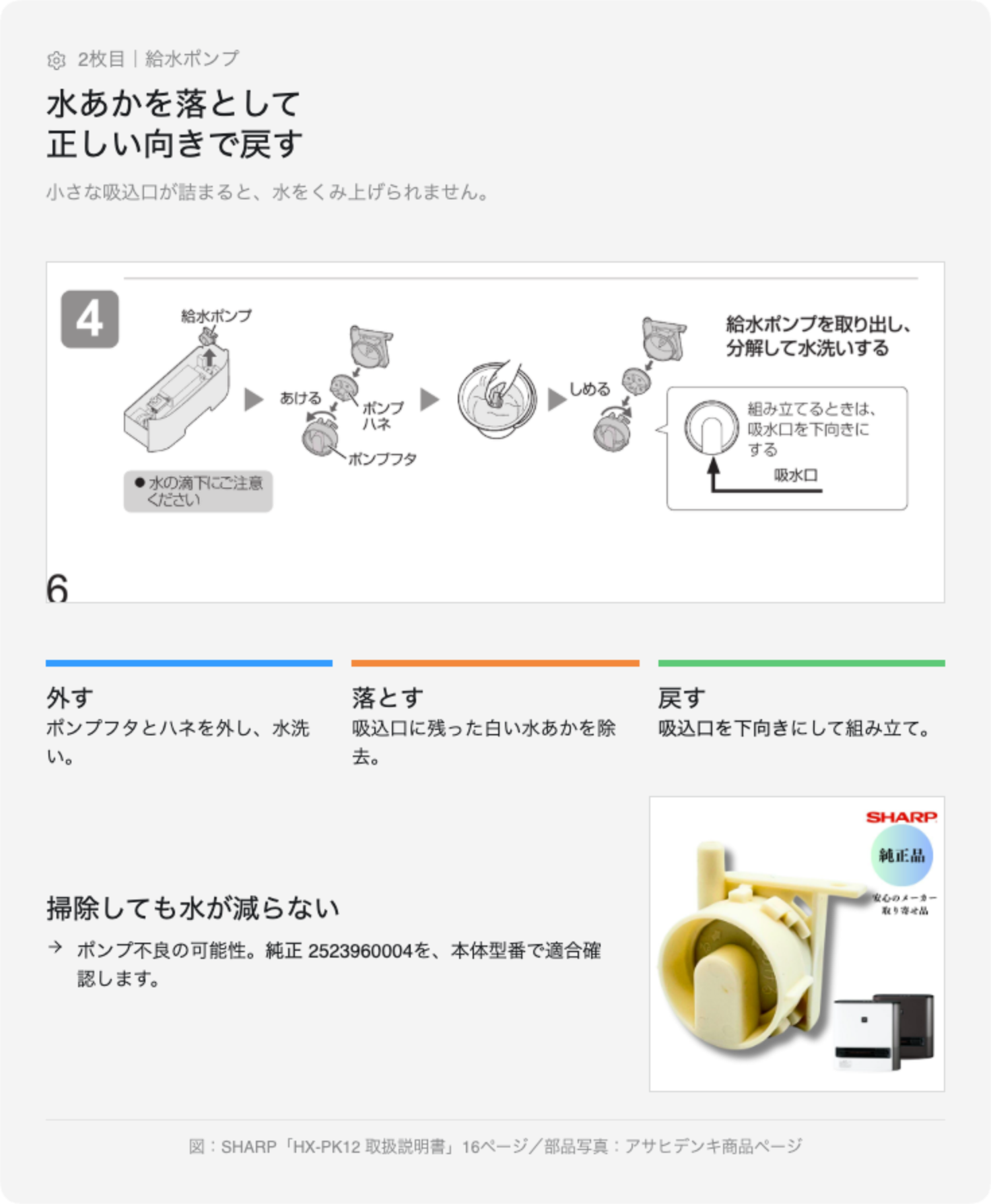 加湿セラミックファンヒーターの給水ポンプの水あか除去と正しい取り付け方