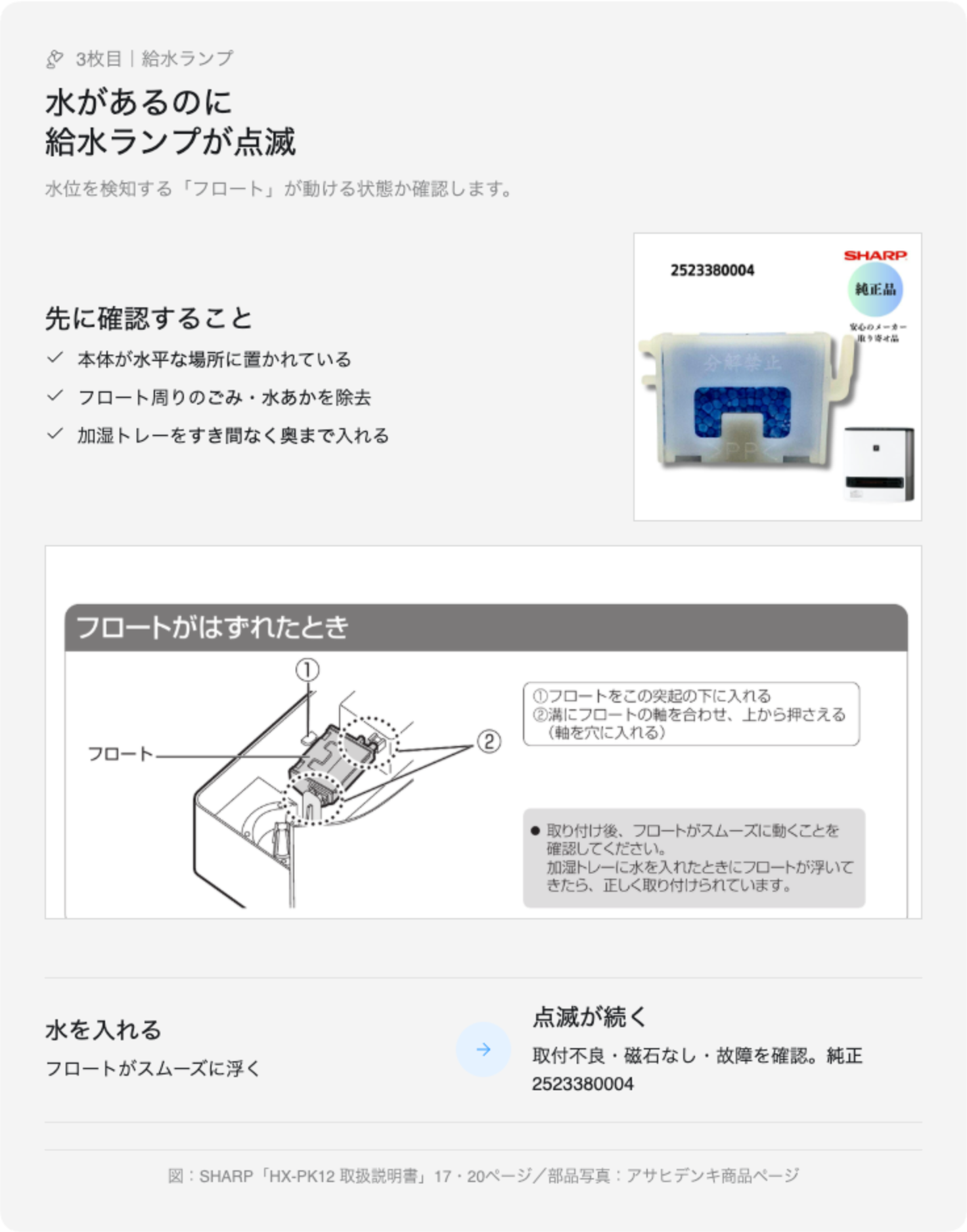 水があるのに給水ランプが点滅する時のフロート確認方法