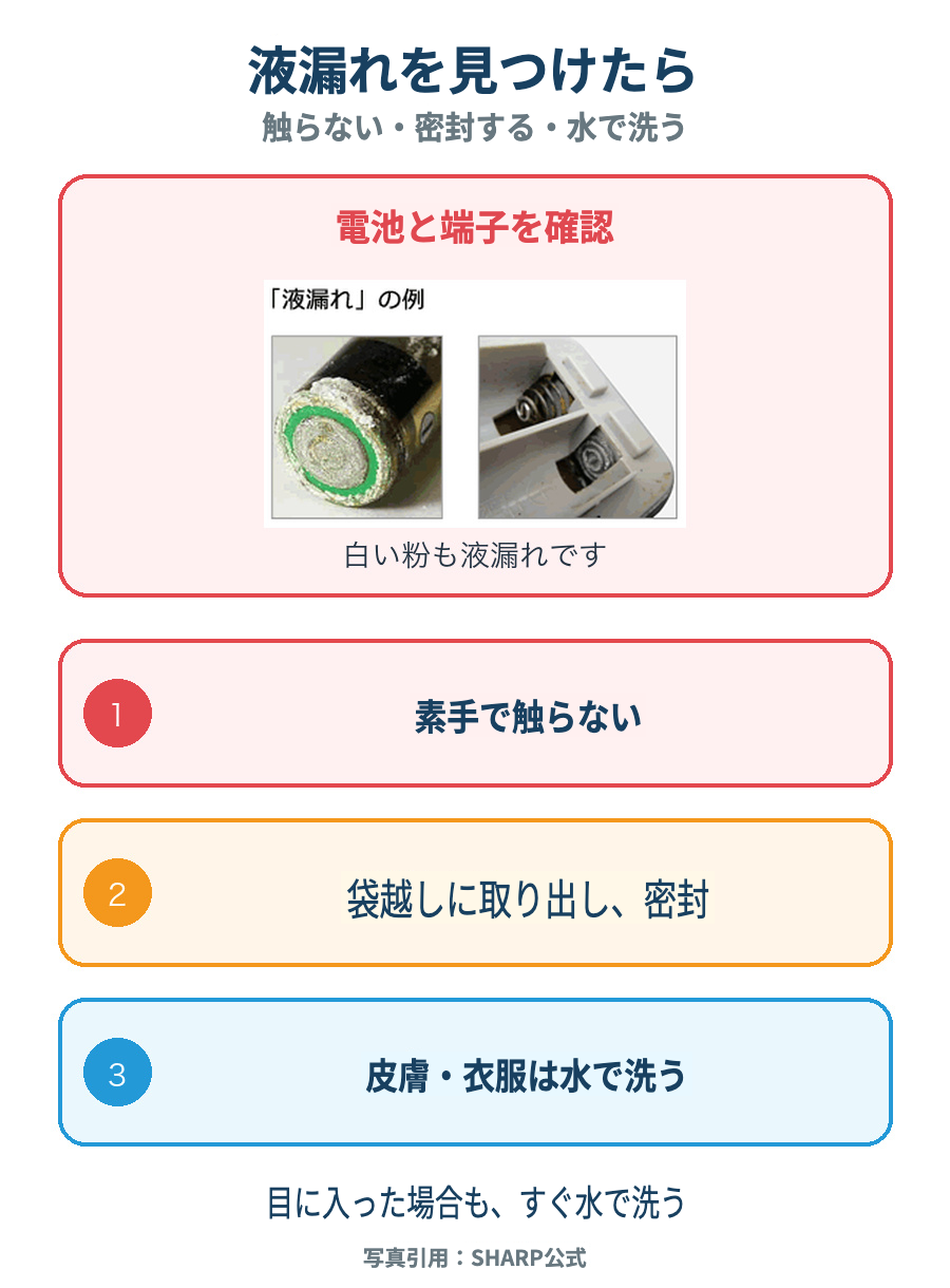 リモコン電池が液漏れした時の対処。素手で触らず、袋越しに取り出して密封し、皮膚や衣服は水で洗う
