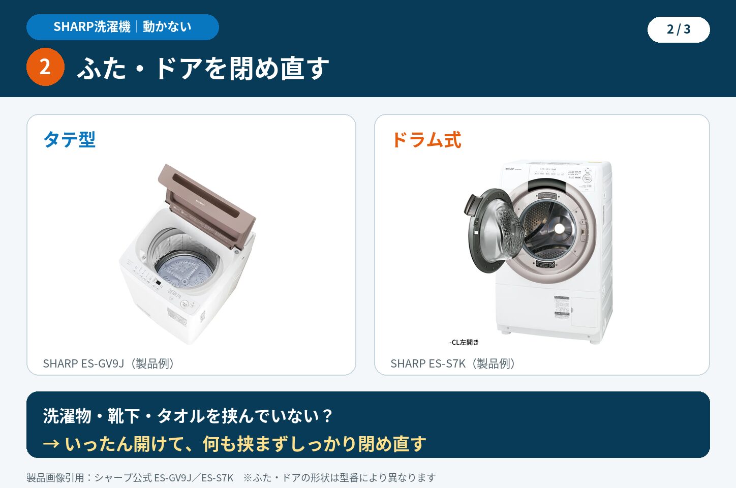 シャープ洗濯機が動かない時の確認2 タテ型のふたとドラム式のドア