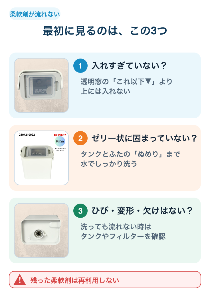 柔軟剤が流れない時に最初に確認する3つのポイント